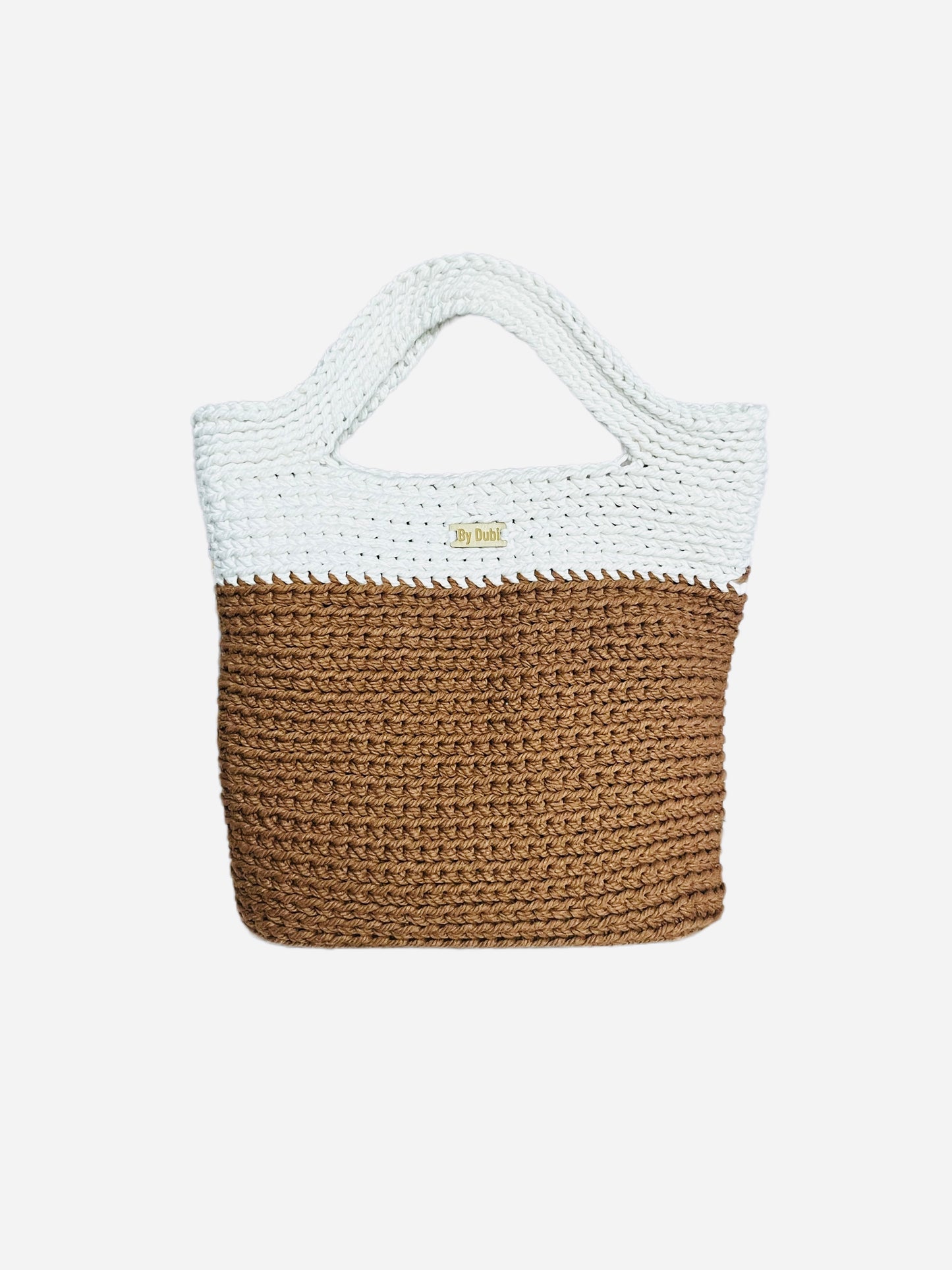 Crochet tote bag, light brown and cream white cotton