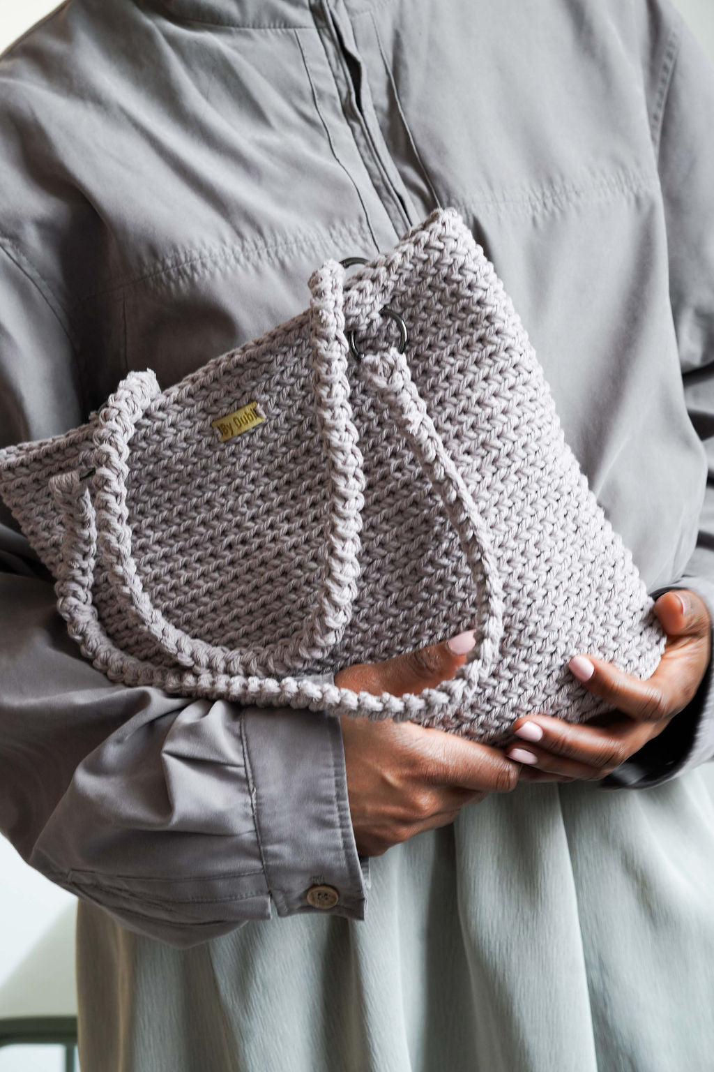 Crochet tote bag, lilac grey cotton