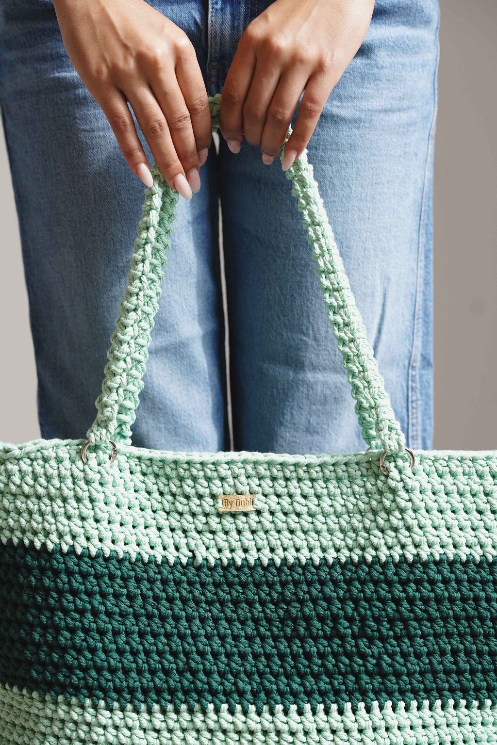 Crochet tote bag, beach bag, lime green with dark green cotton