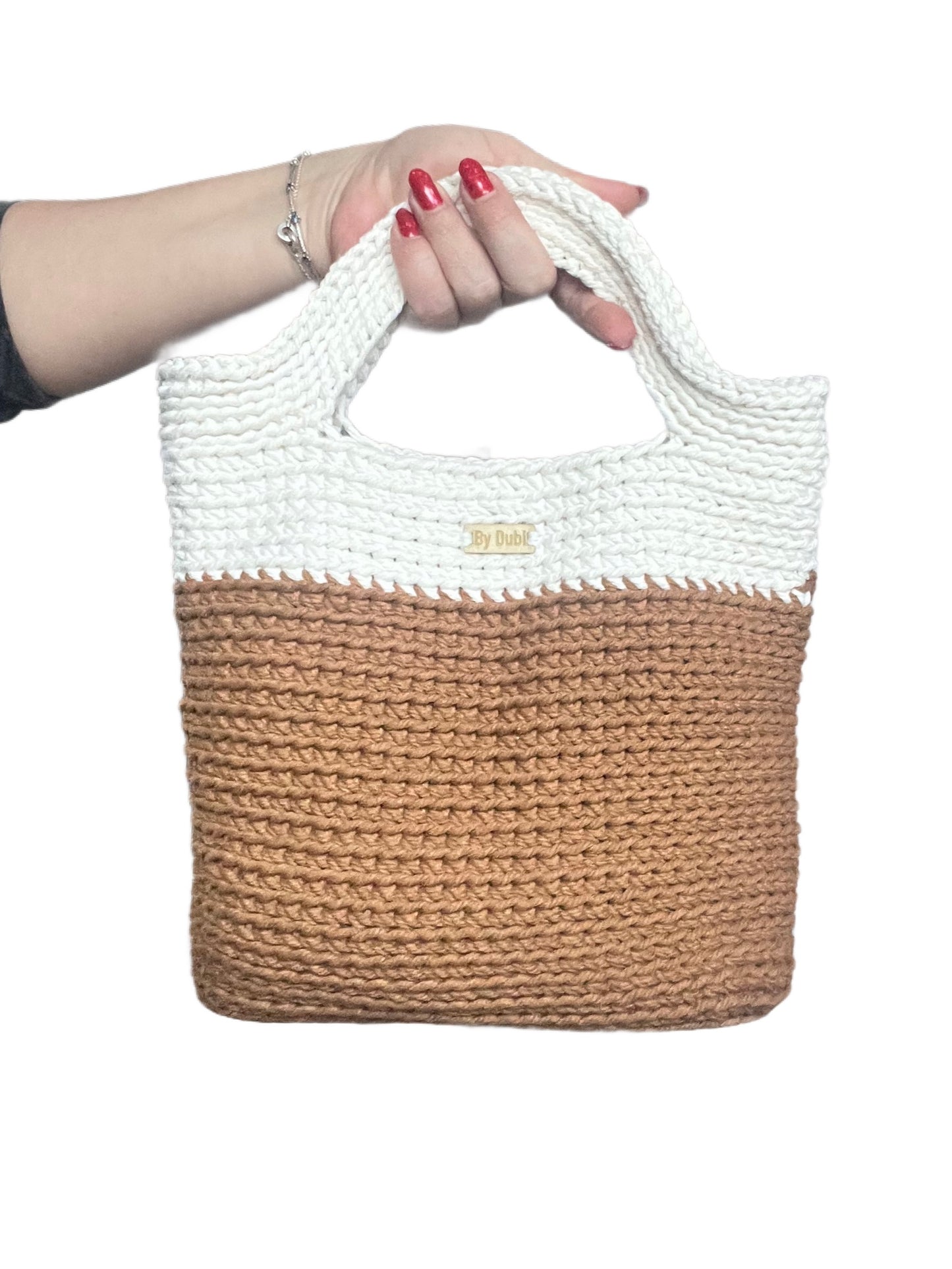 Crochet tote bag, light brown and cream white cotton