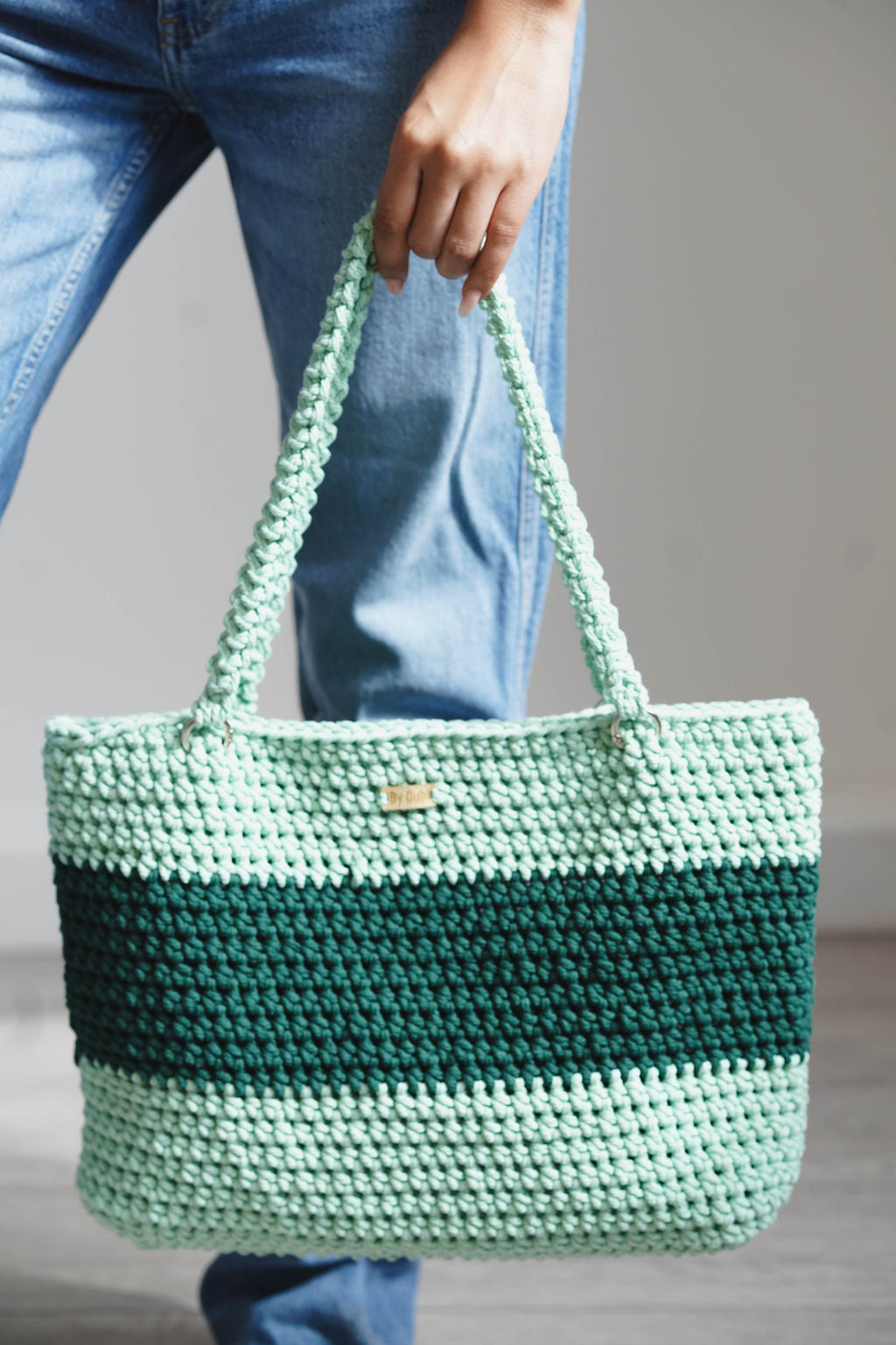 Crochet tote bag, beach bag, lime green with dark green cotton