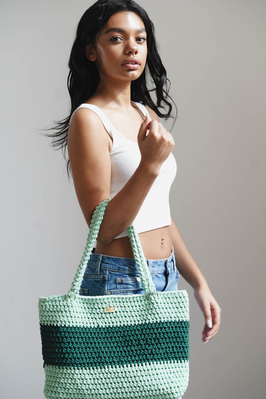 Crochet tote bag, beach bag, lime green with dark green cotton