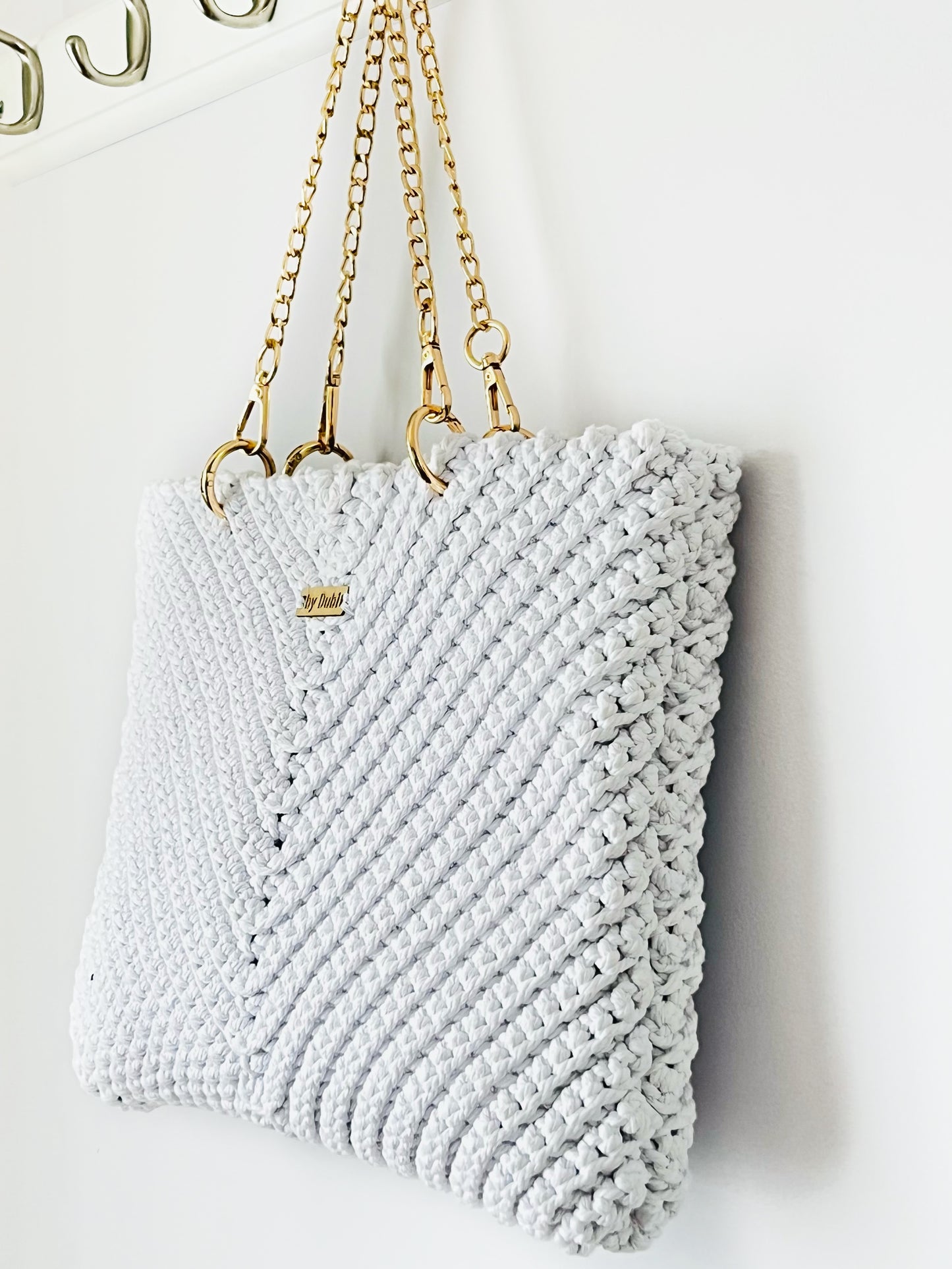 Crochet tote shoulder bag, white cotton  with gold chain