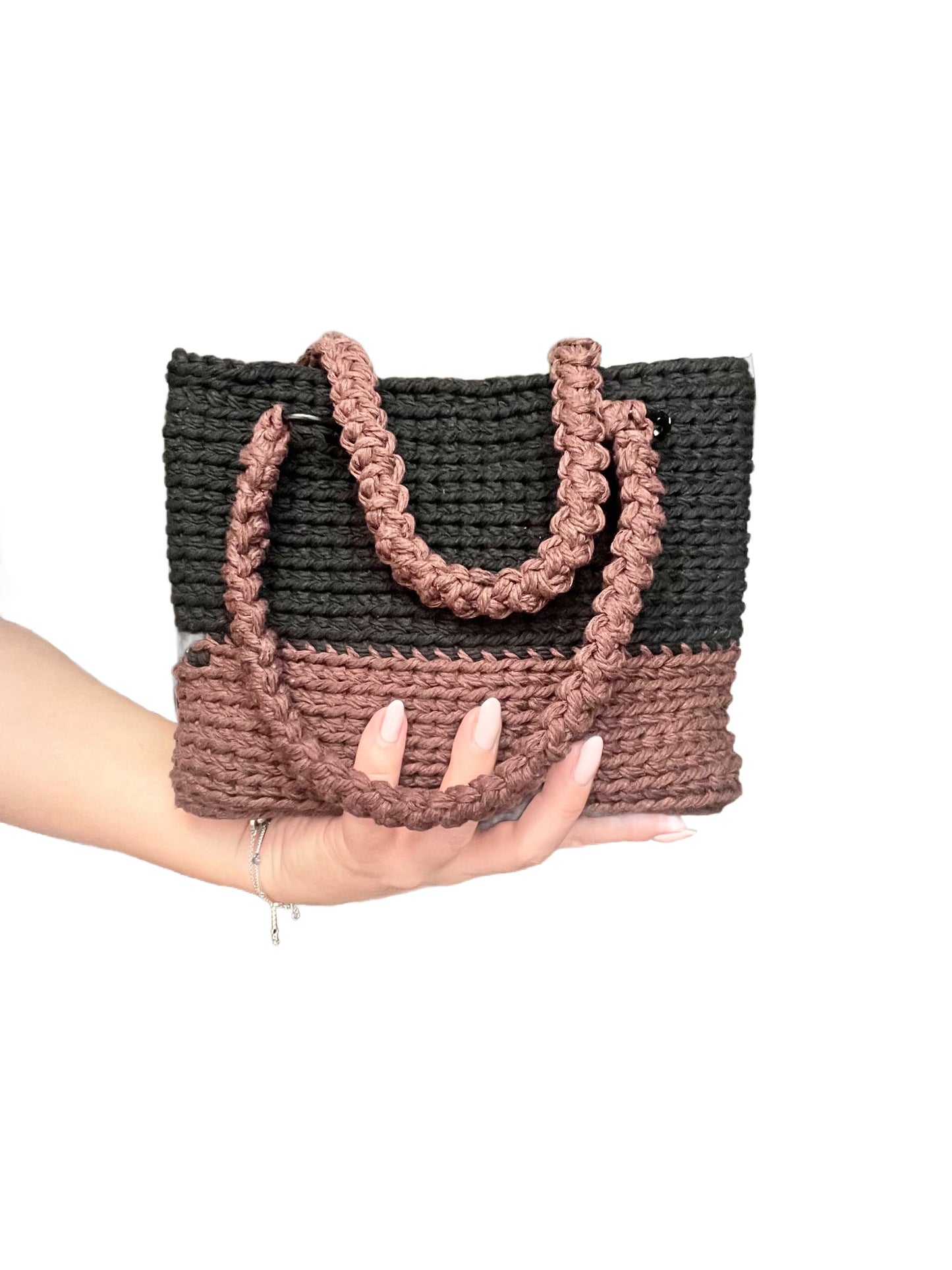 Crochet tote bag, brown and black cotton