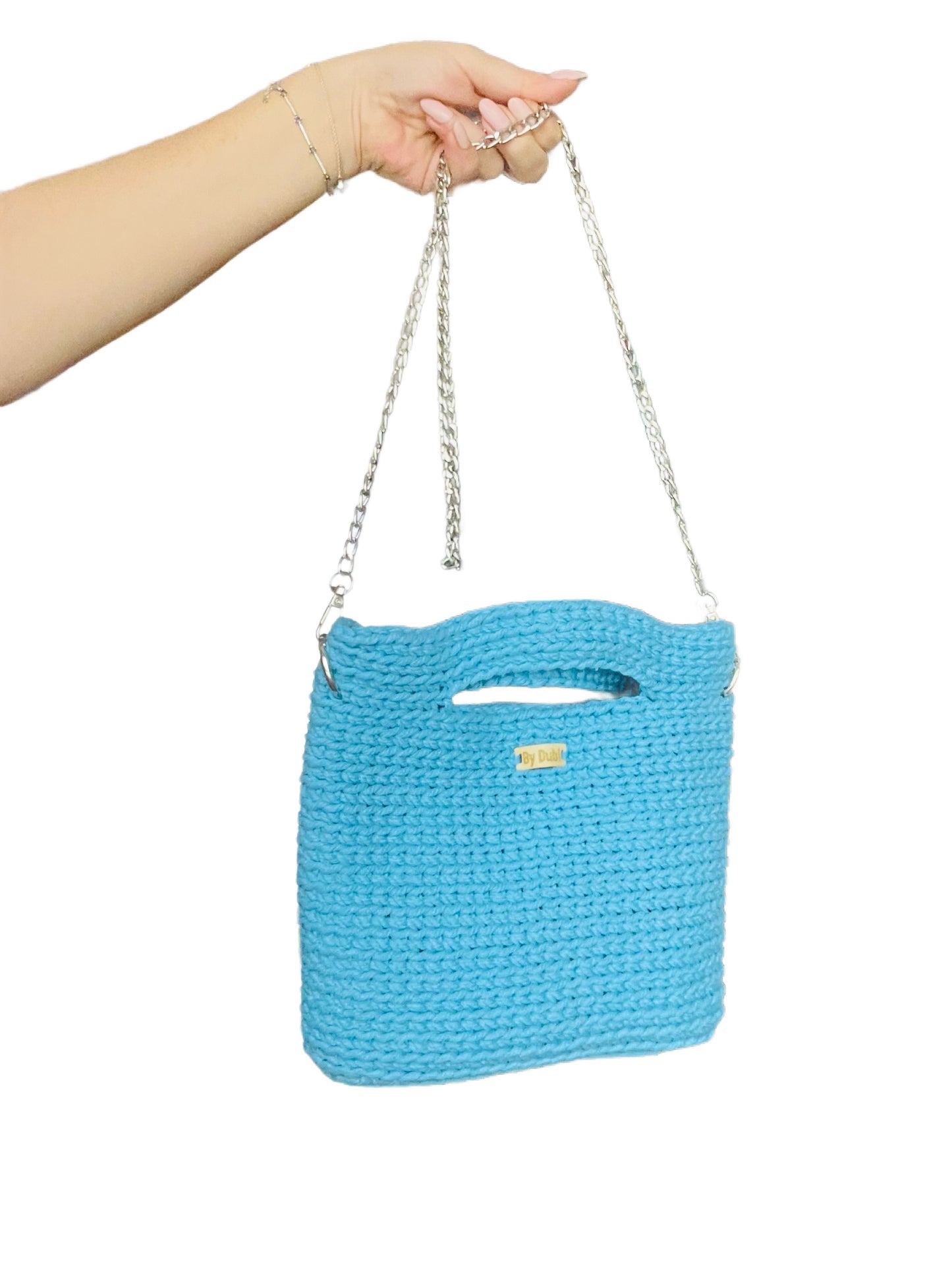 Crochet tote bag, sky blue cotton