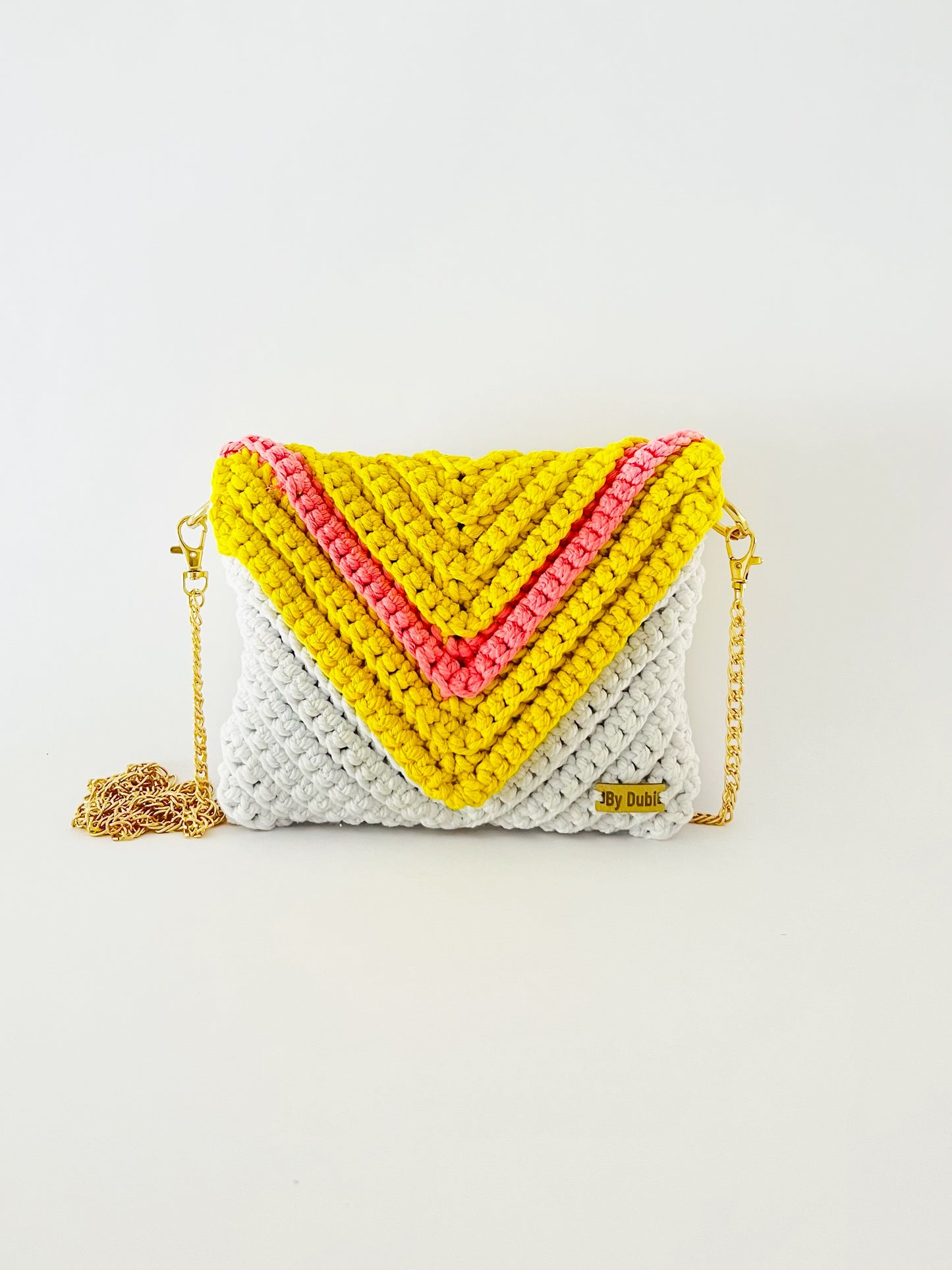 Crossbody shoulder envelope  clutch bag, white, yellow and pink crochet cotton with gold chain