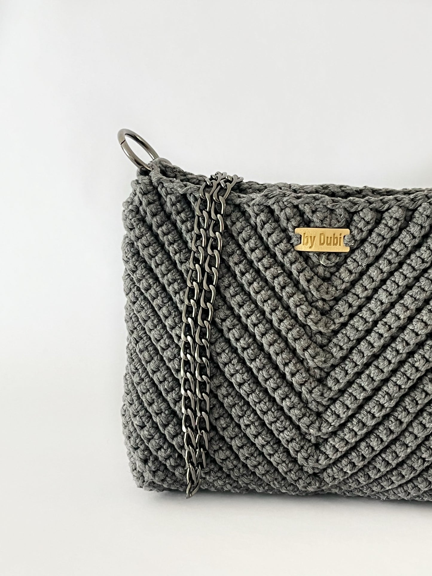 Crossbody shoulder small bag, grey crochet cotton with black chain