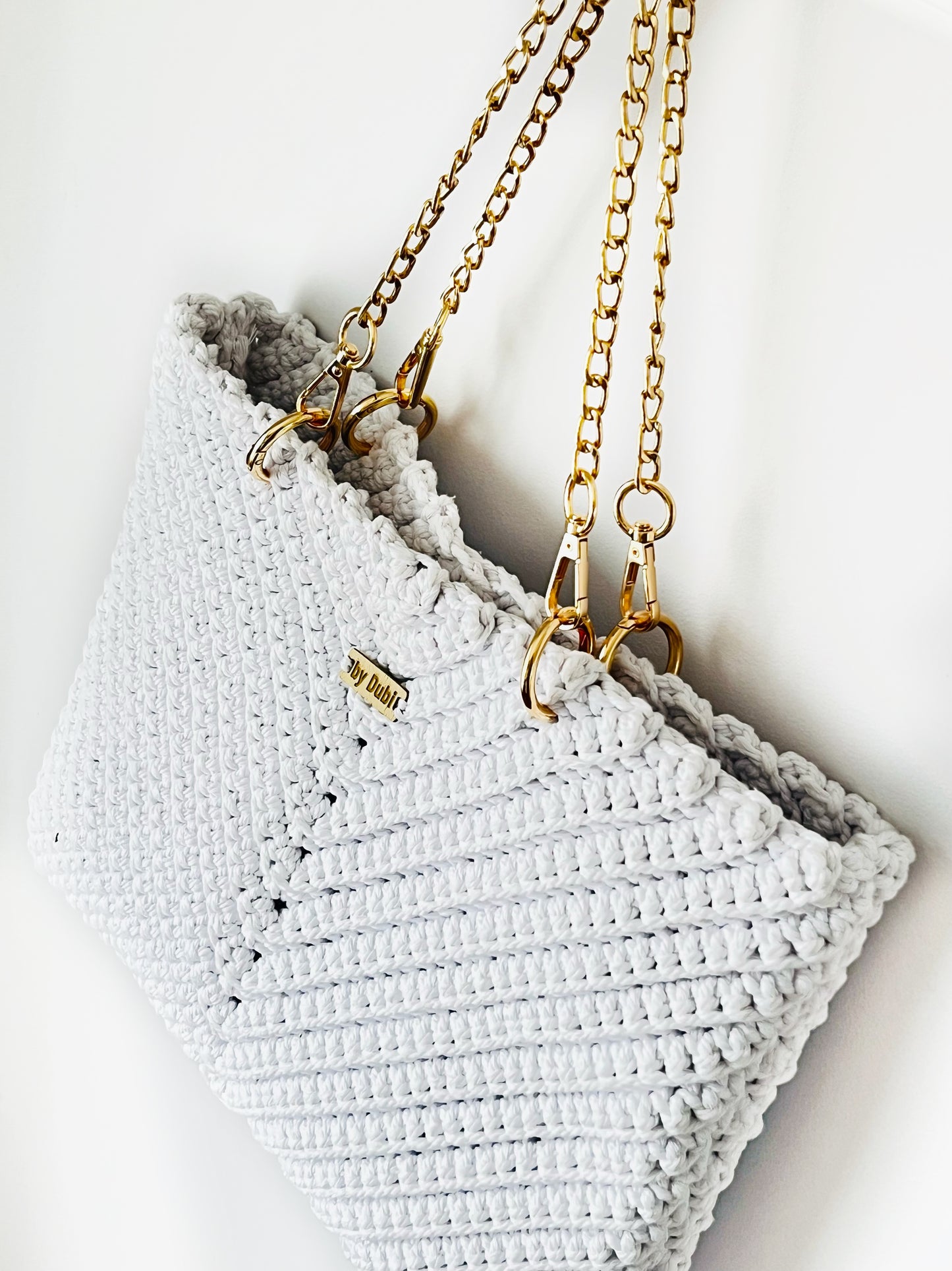 Crochet tote shoulder bag, white cotton  with gold chain