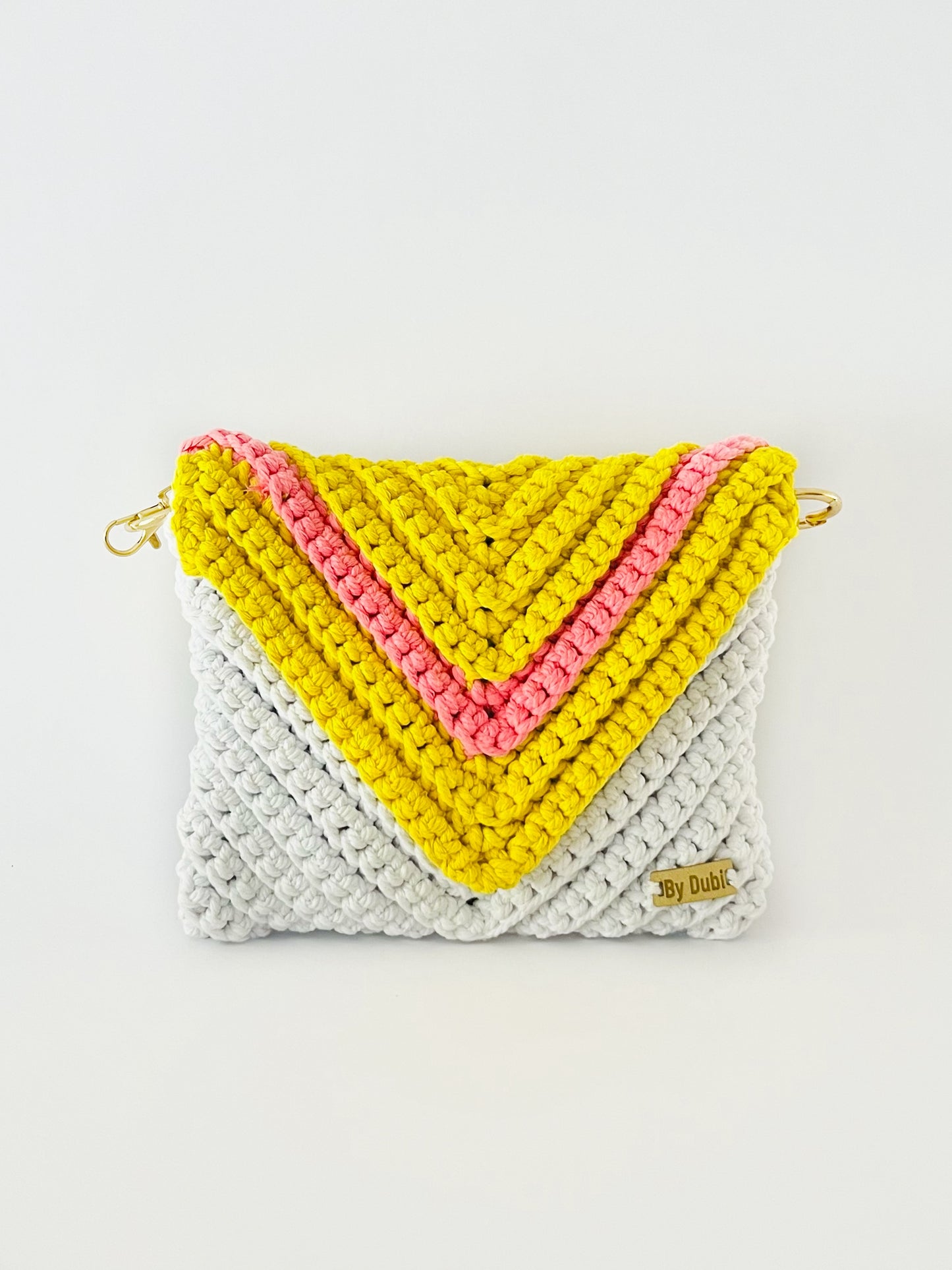 Crossbody shoulder envelope  clutch bag, white, yellow and pink crochet cotton with gold chain