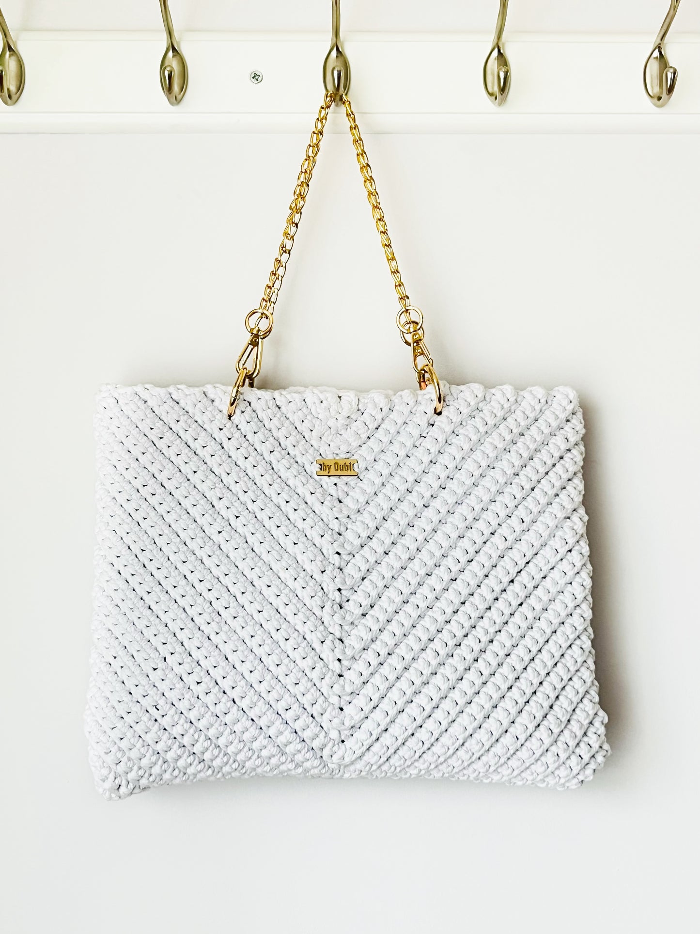 Crochet tote shoulder bag, white cotton  with gold chain