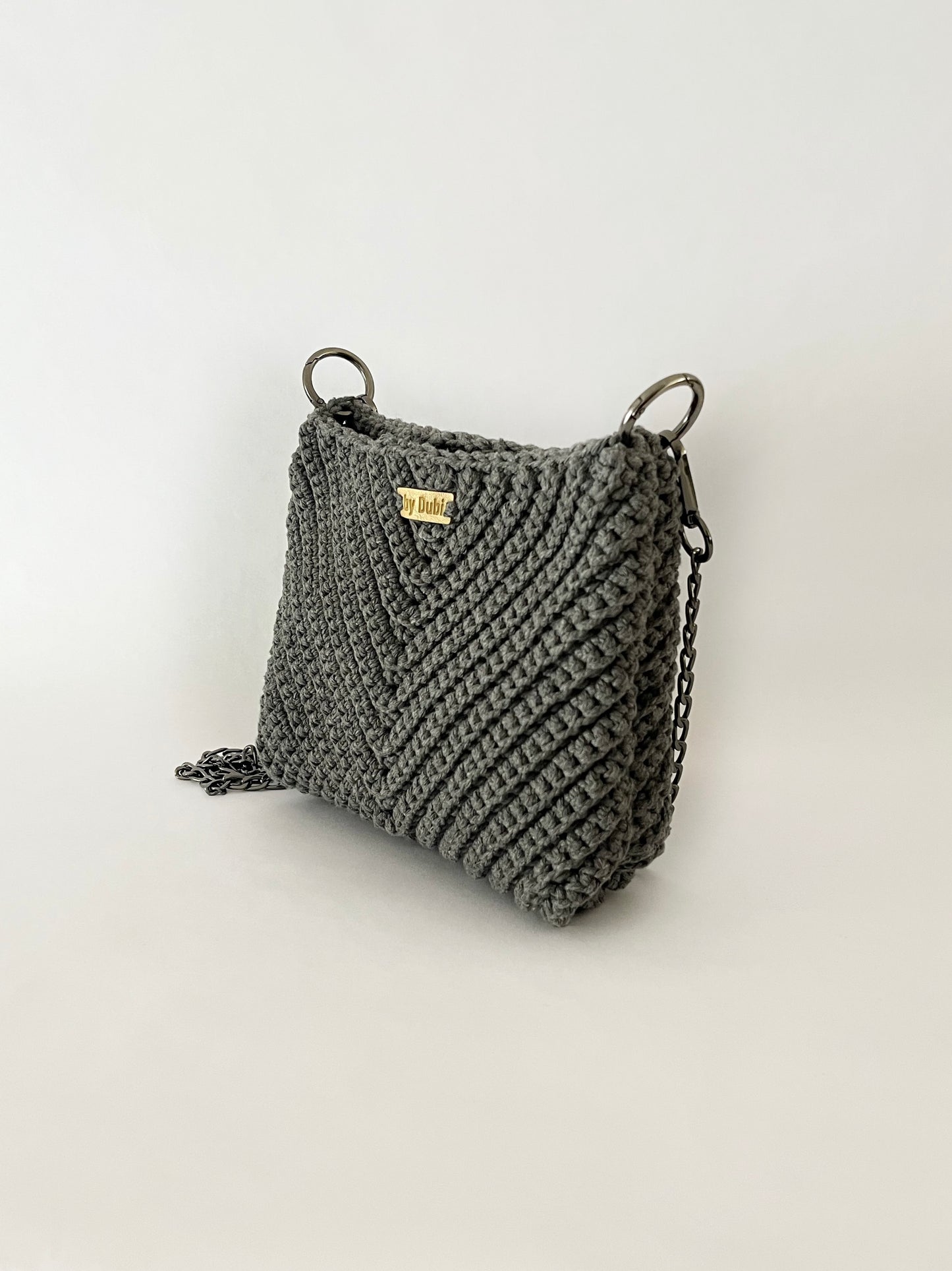 Crossbody shoulder small bag, grey crochet cotton with black chain