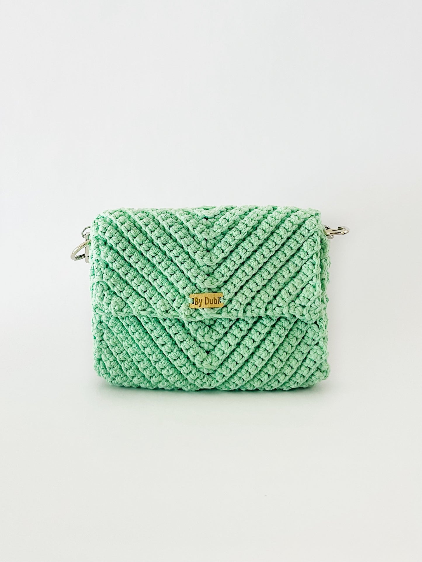 Crossbody shoulder clutch bag, green crochet cotton with silver chain