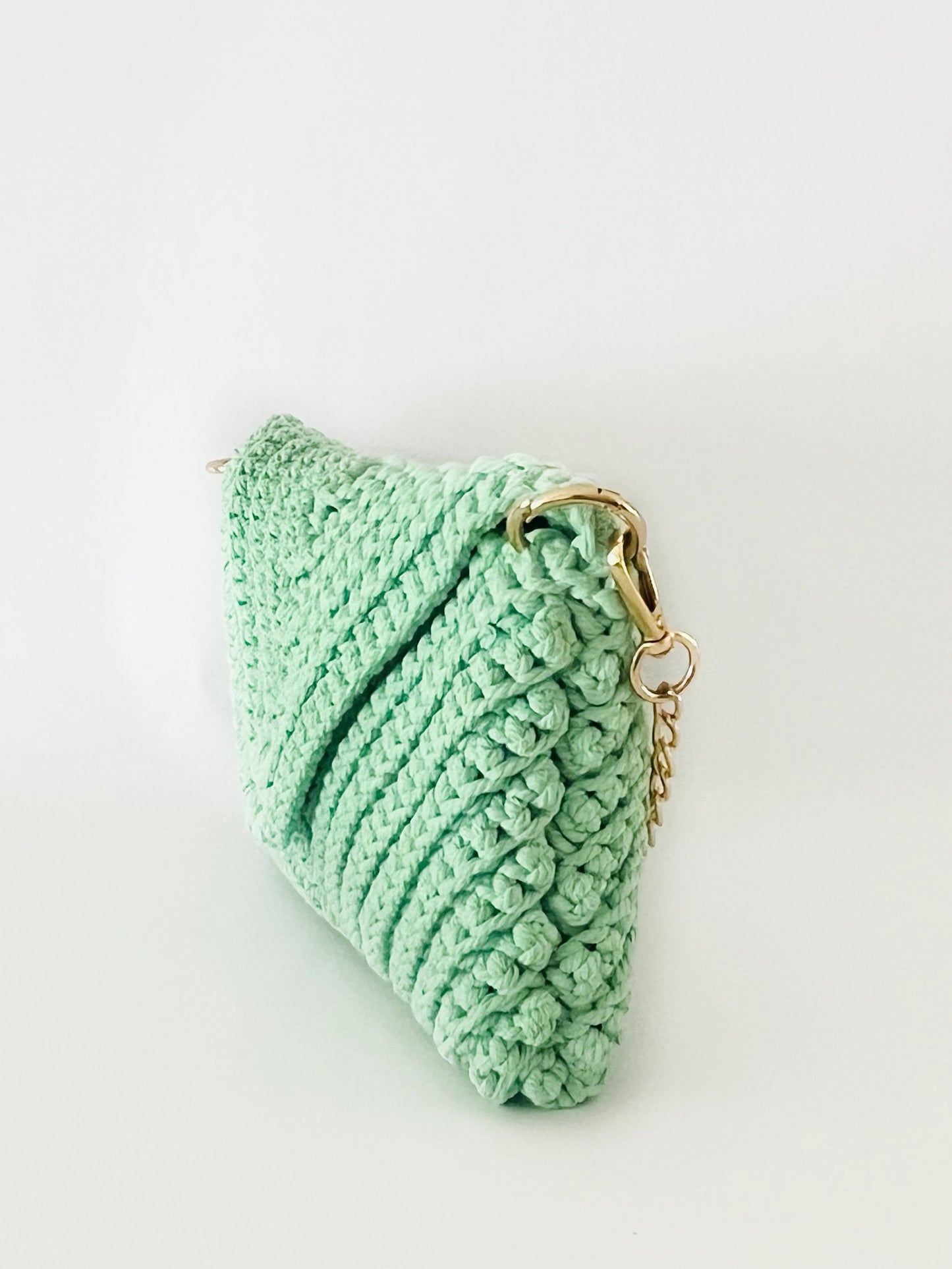 Crossbody shoulder envelope  clutch bag, green crochet cotton with gold chain