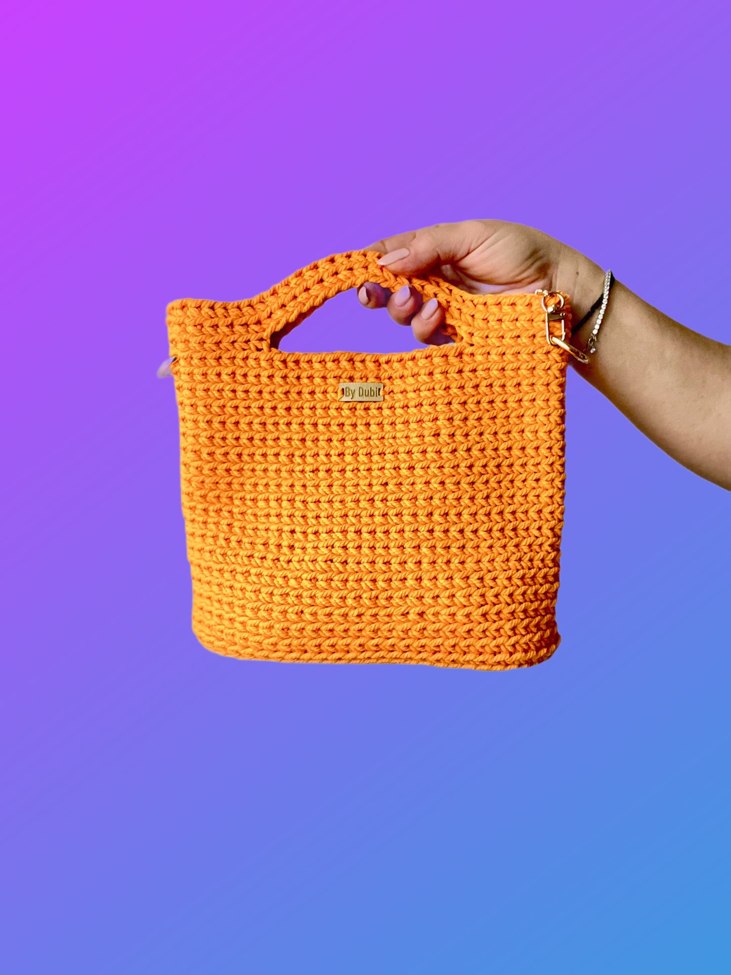 Crochet tote bag, orange cotton