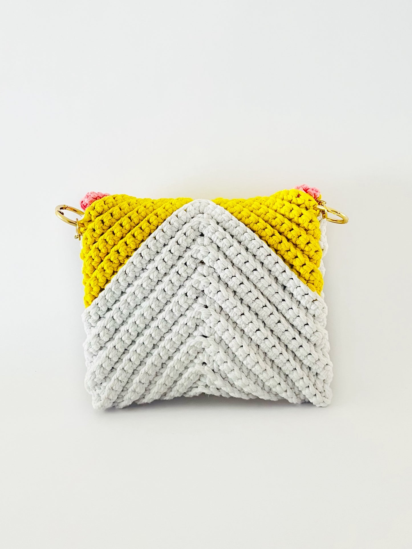 Crossbody shoulder envelope  clutch bag, white, yellow and pink crochet cotton with gold chain