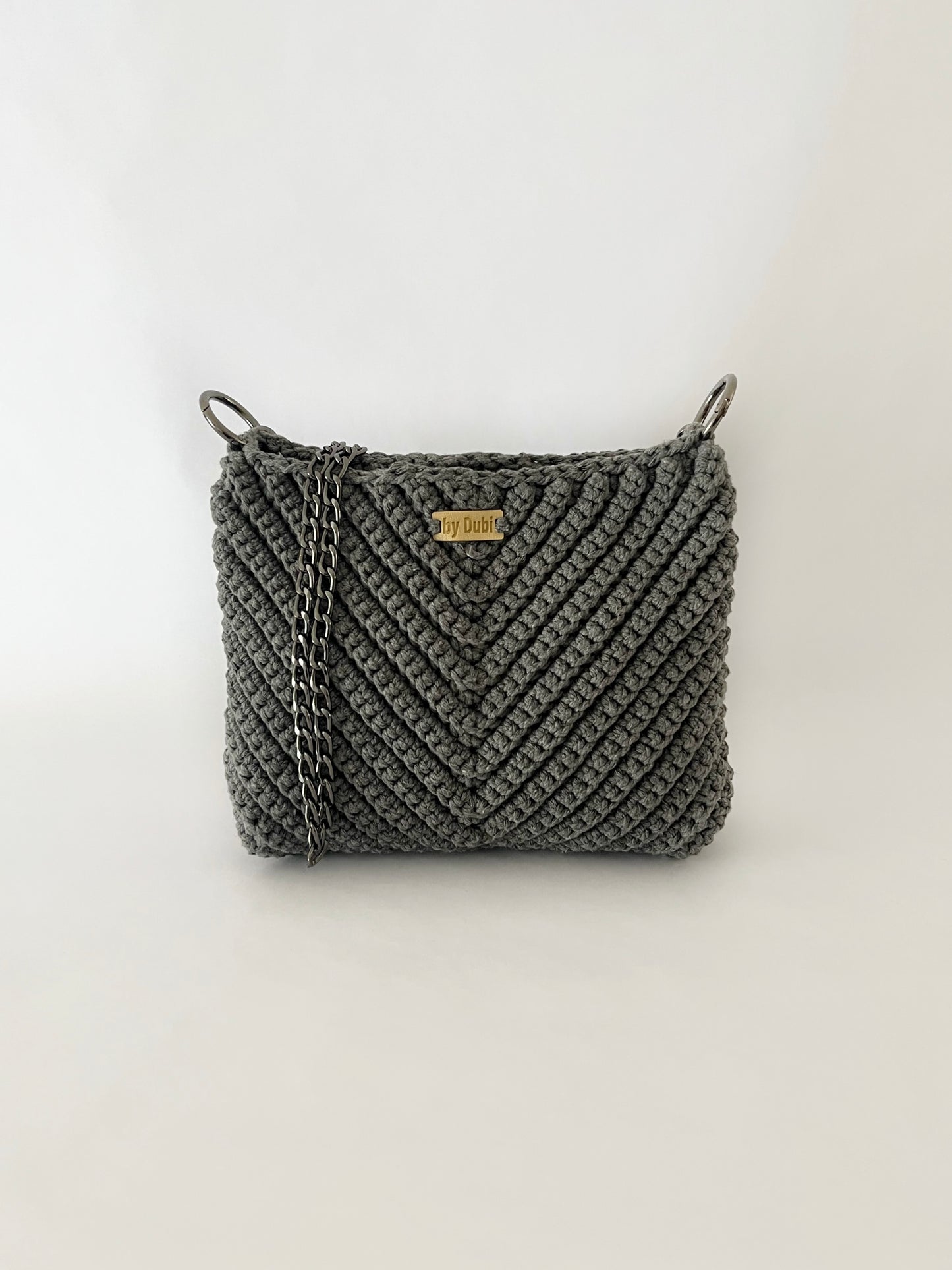 Crossbody shoulder small bag, grey crochet cotton with black chain