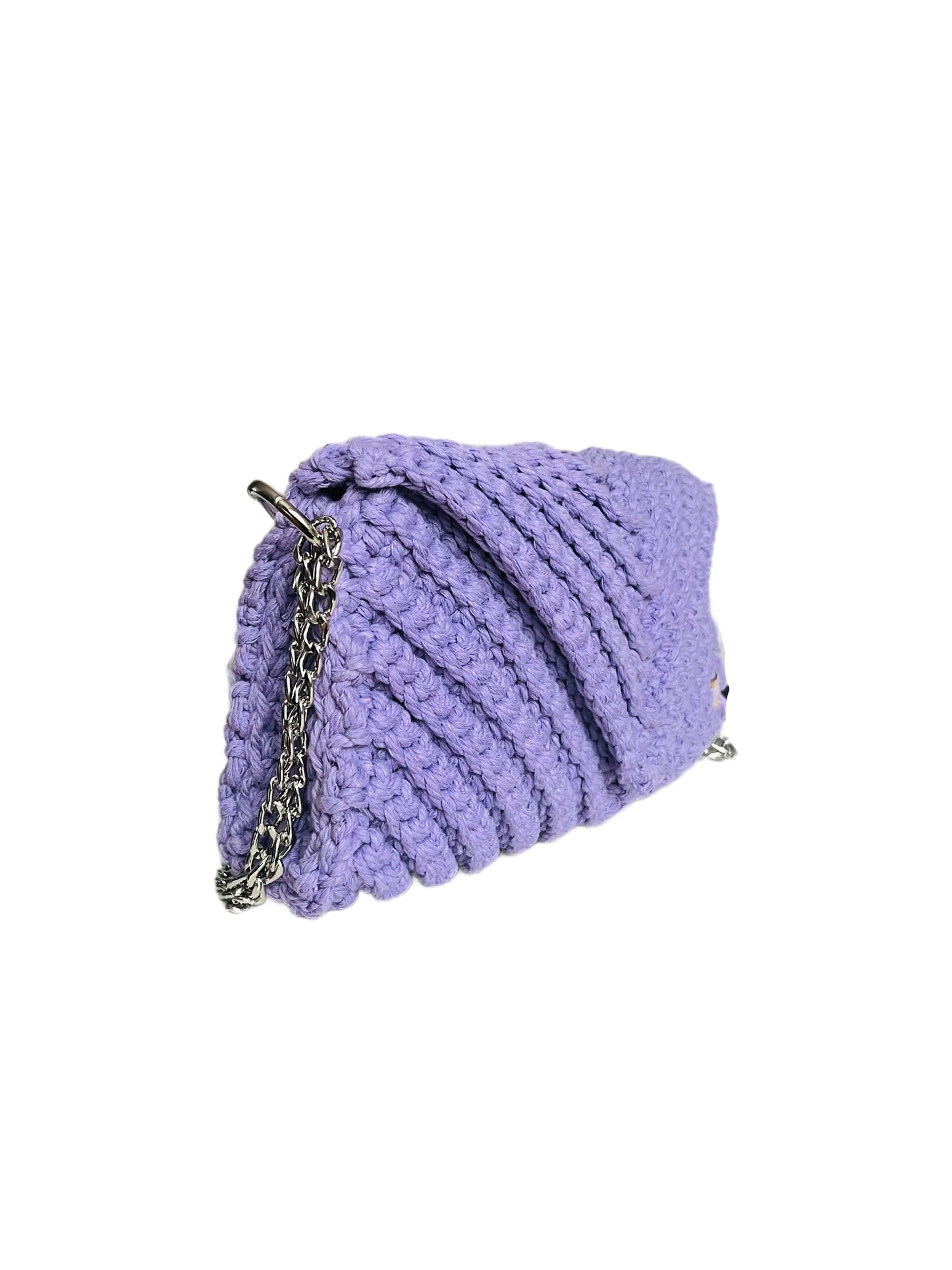 Crossbody shoulder envelope  clutch bag, light purple lilac crochet cotton with silver chain