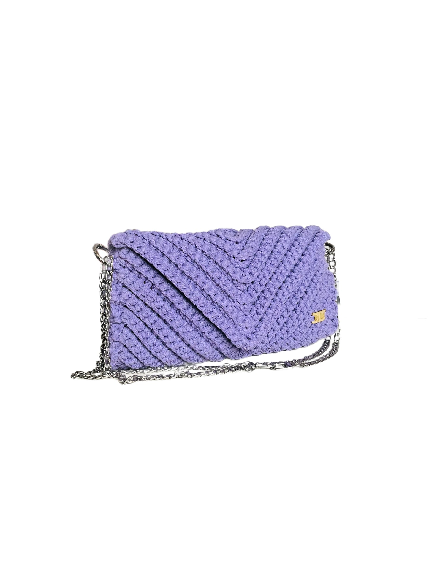 Crossbody shoulder envelope  clutch bag, light purple lilac crochet cotton with silver chain