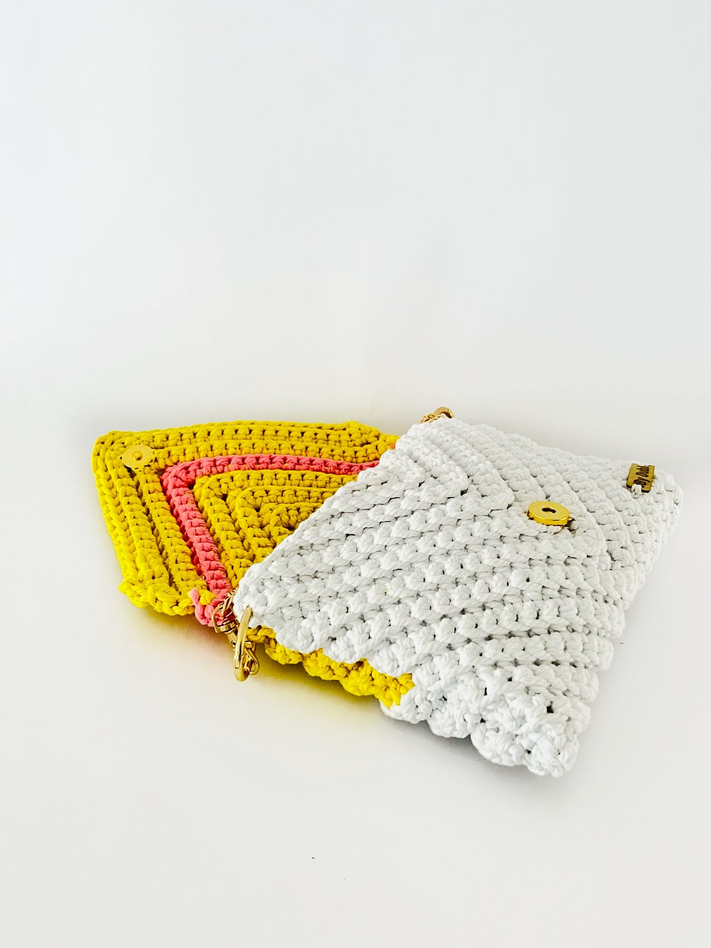 Crossbody shoulder envelope  clutch bag, white, yellow and pink crochet cotton with gold chain