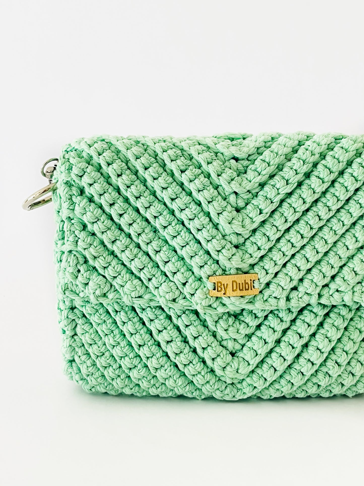 Crossbody shoulder clutch bag, green crochet cotton with silver chain