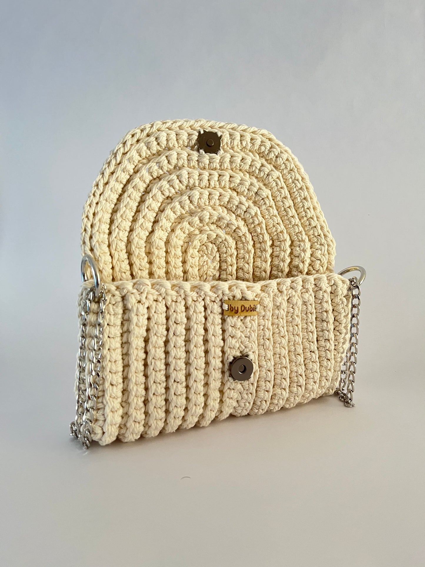 Crossbody shoulder clutch bag, natural crochet cotton with silver chain