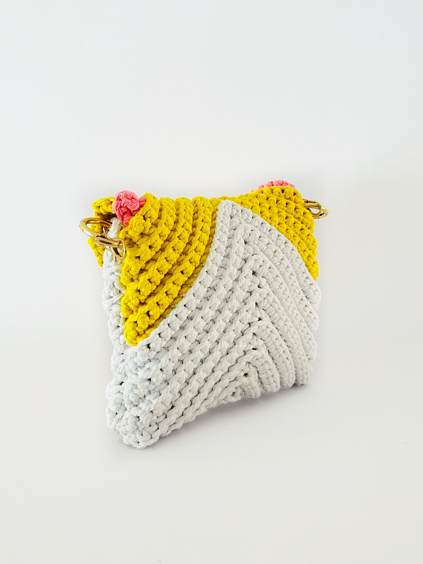 Crossbody shoulder envelope  clutch bag, white, yellow and pink crochet cotton with gold chain