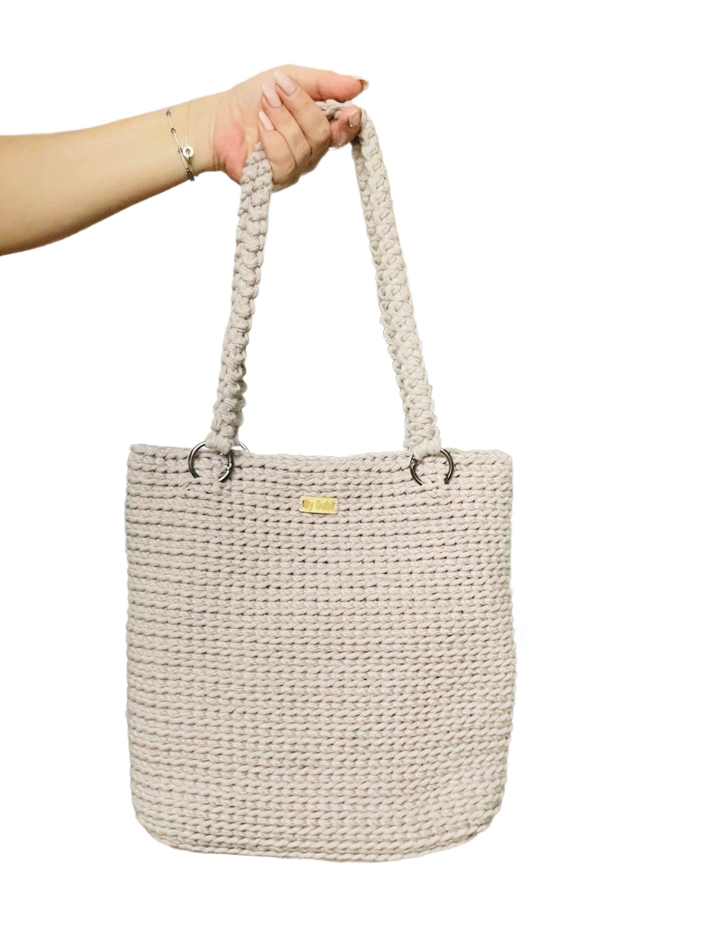 Crochet tote bag, soft beige grey cotton