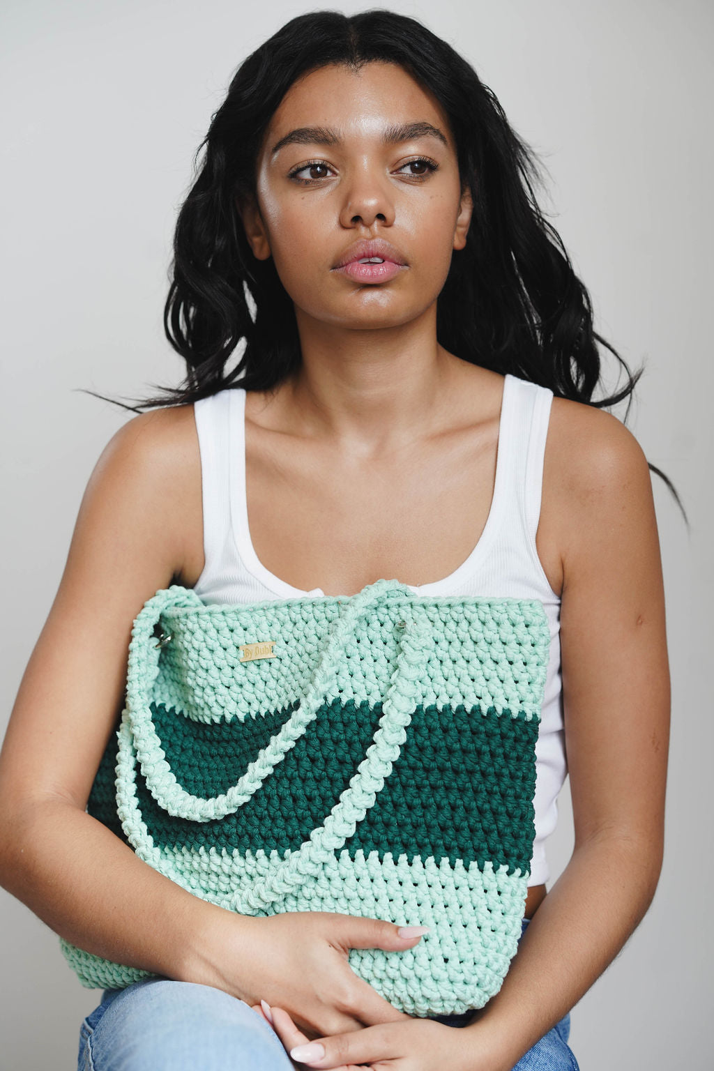 Crochet tote bag, beach bag, lime green with dark green cotton