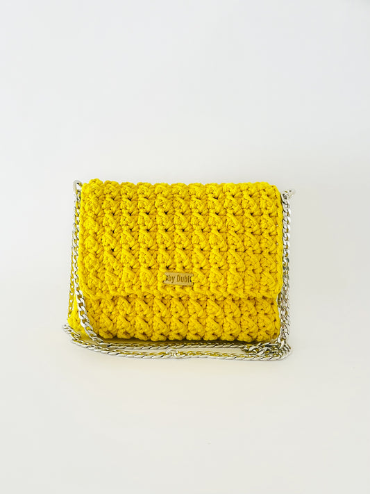 Crossbody shoulder clutch bag, yellow crochet cotton with silver chain