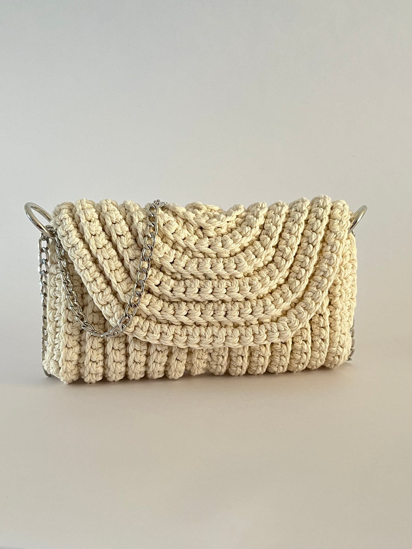 Crossbody shoulder clutch bag, natural crochet cotton with silver chain