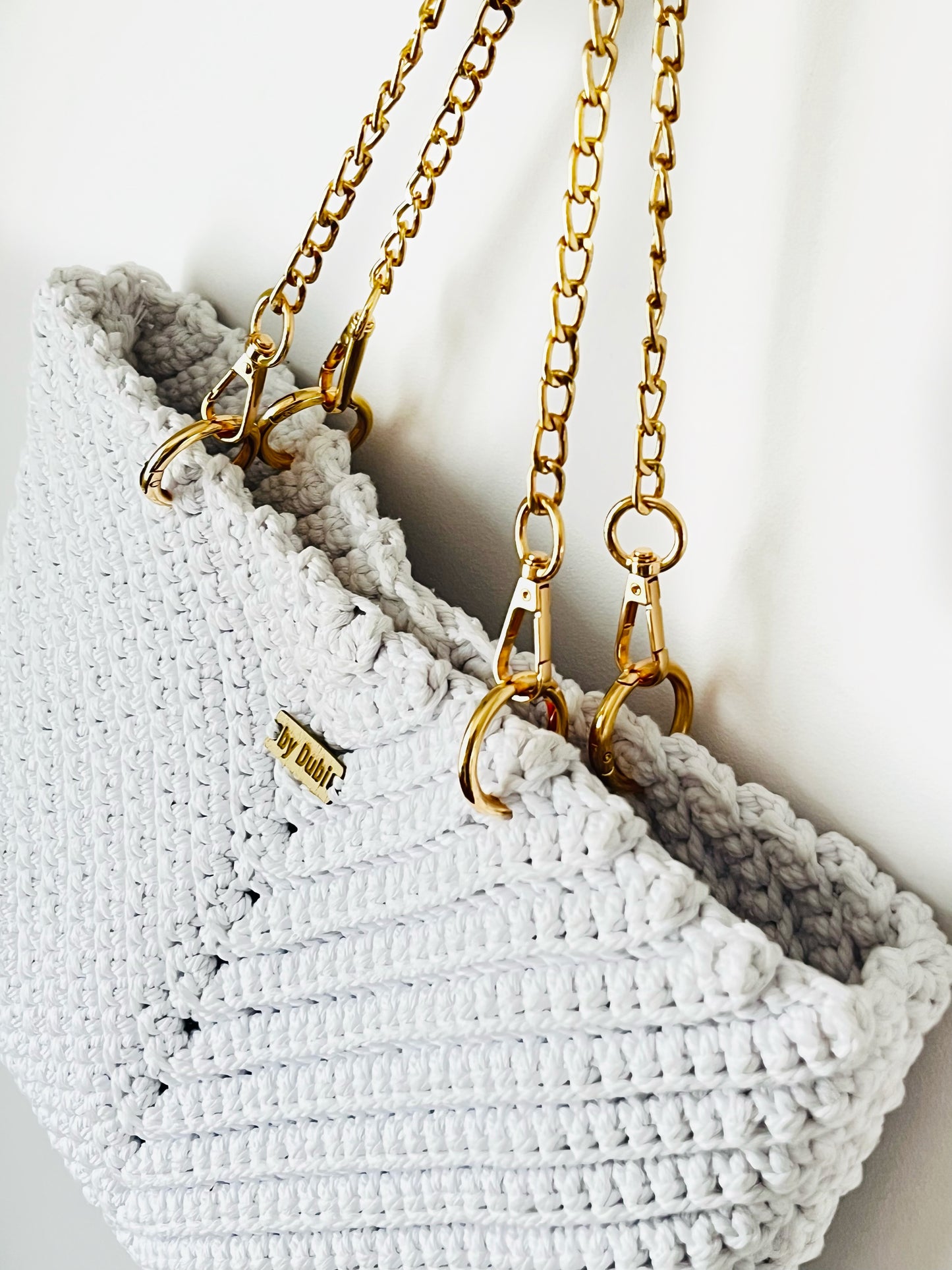 Crochet tote shoulder bag, white cotton  with gold chain