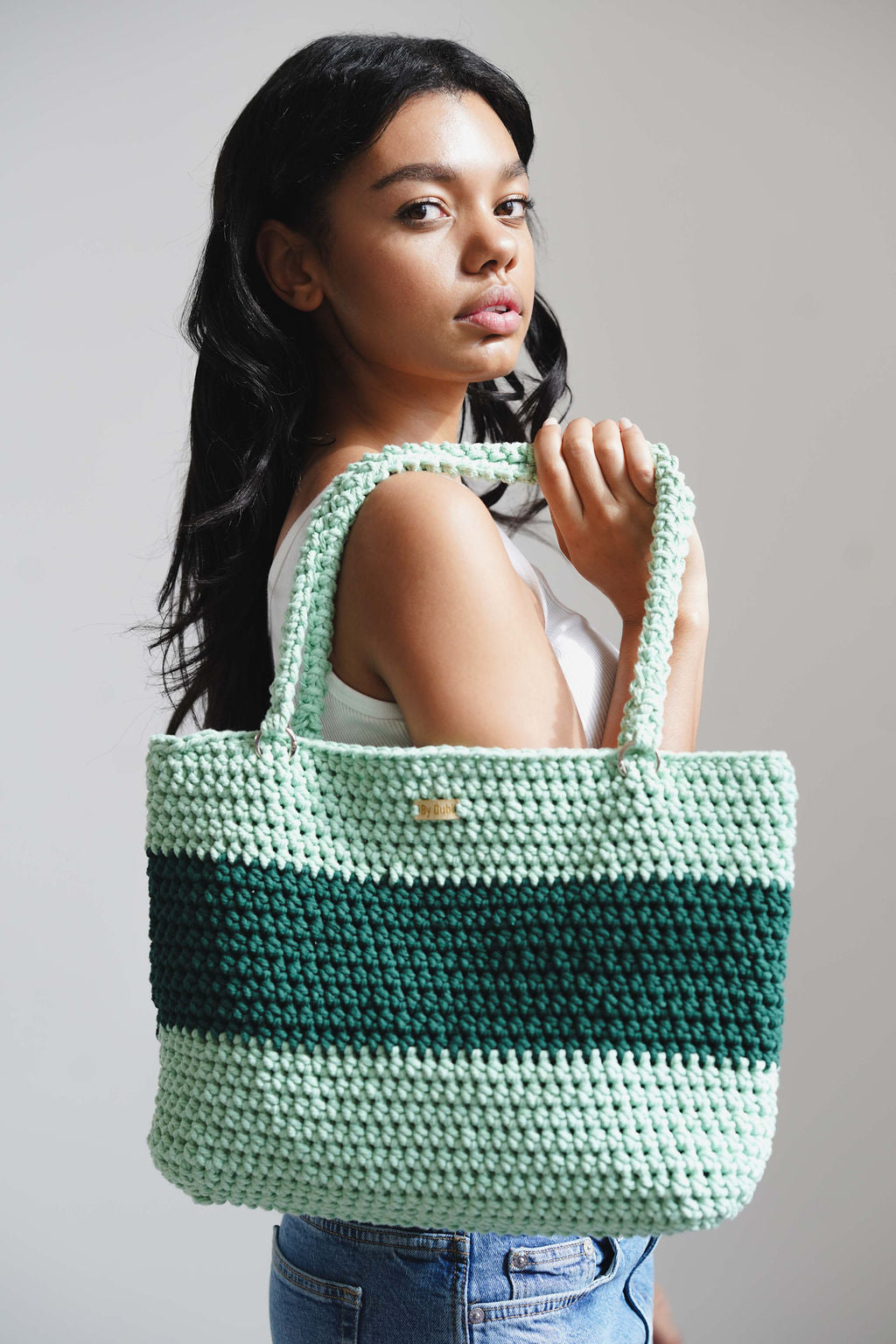 Crochet tote bag, beach bag, lime green with dark green cotton