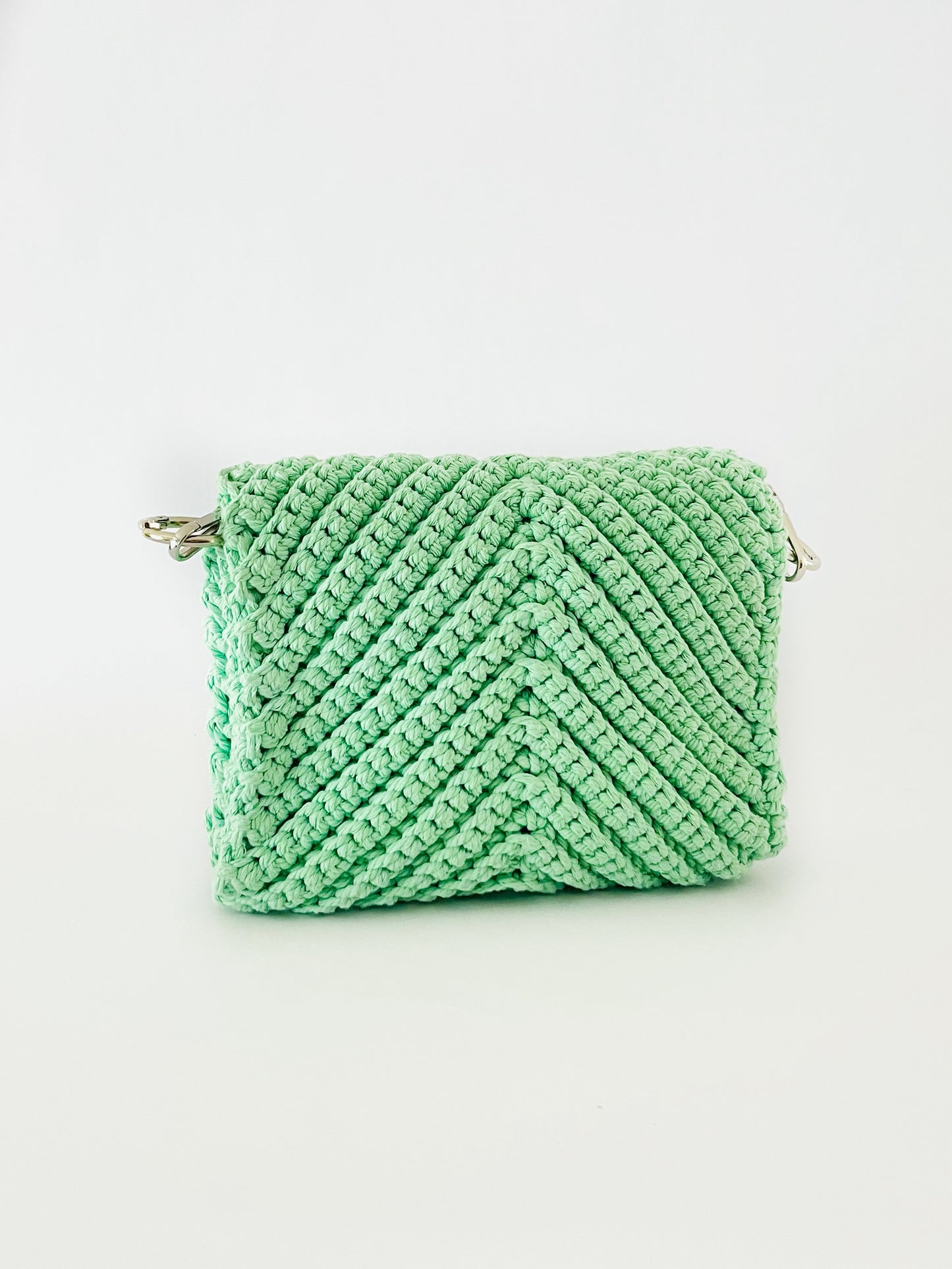 Crossbody shoulder clutch bag, green crochet cotton with silver chain