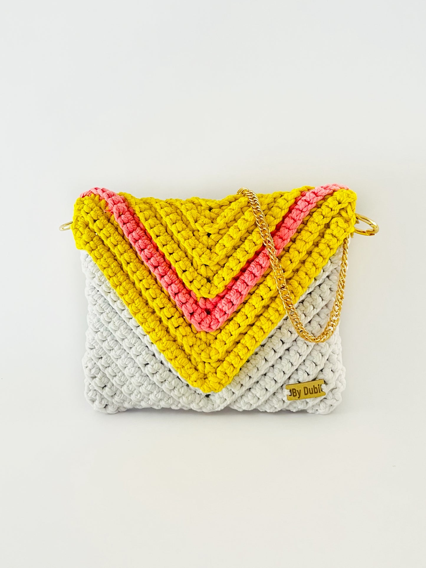 Crossbody shoulder envelope  clutch bag, white, yellow and pink crochet cotton with gold chain