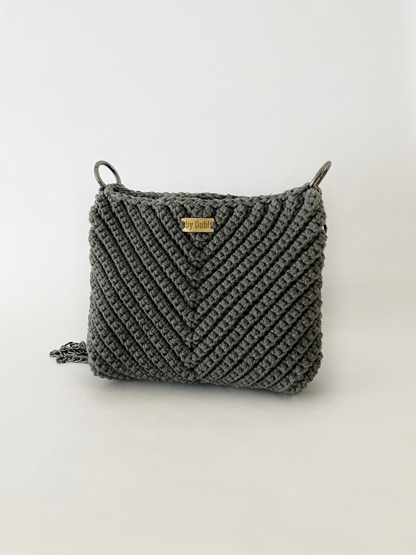 Crossbody shoulder small bag, grey crochet cotton with black chain