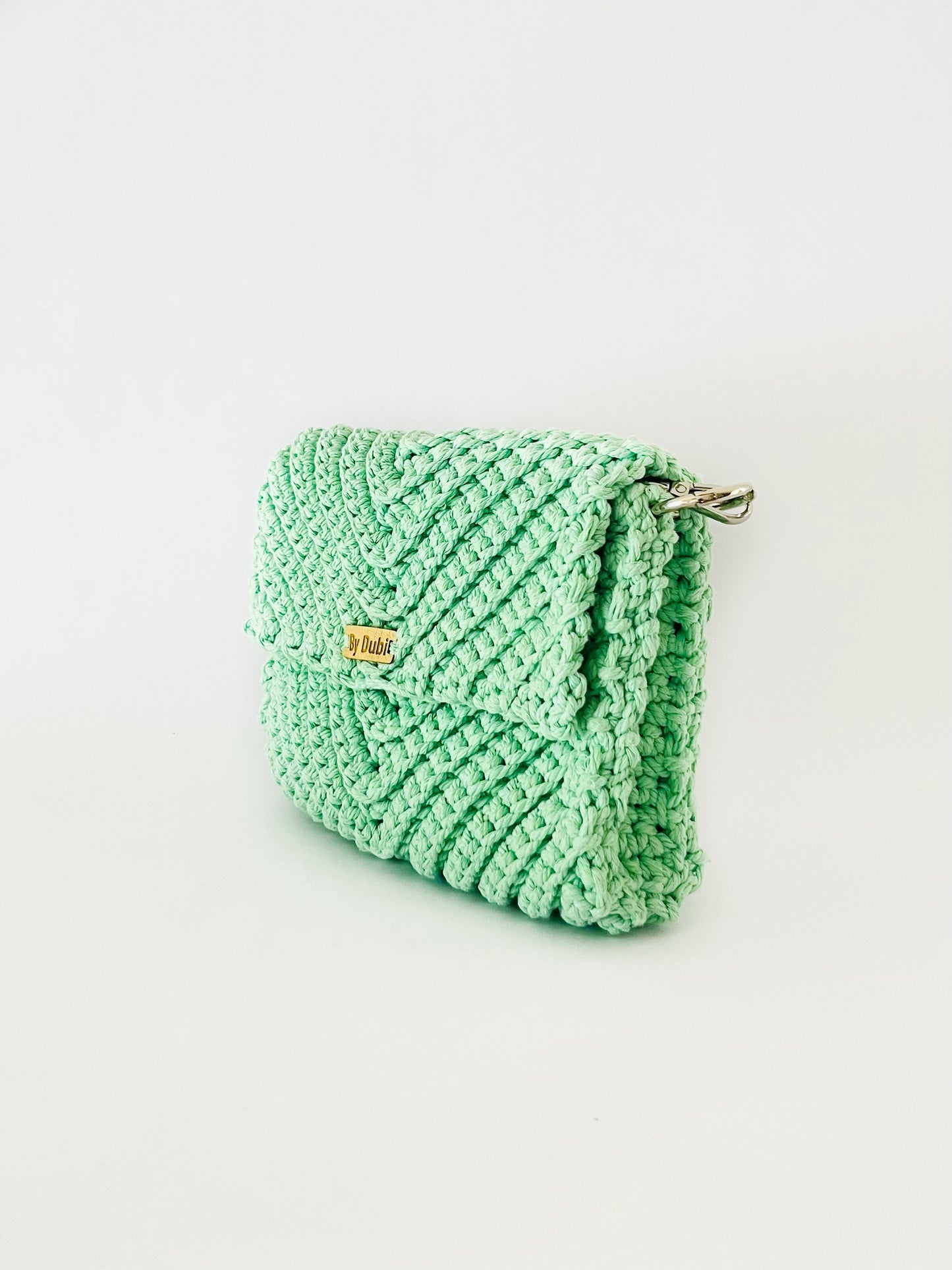 Crossbody shoulder clutch bag, green crochet cotton with silver chain