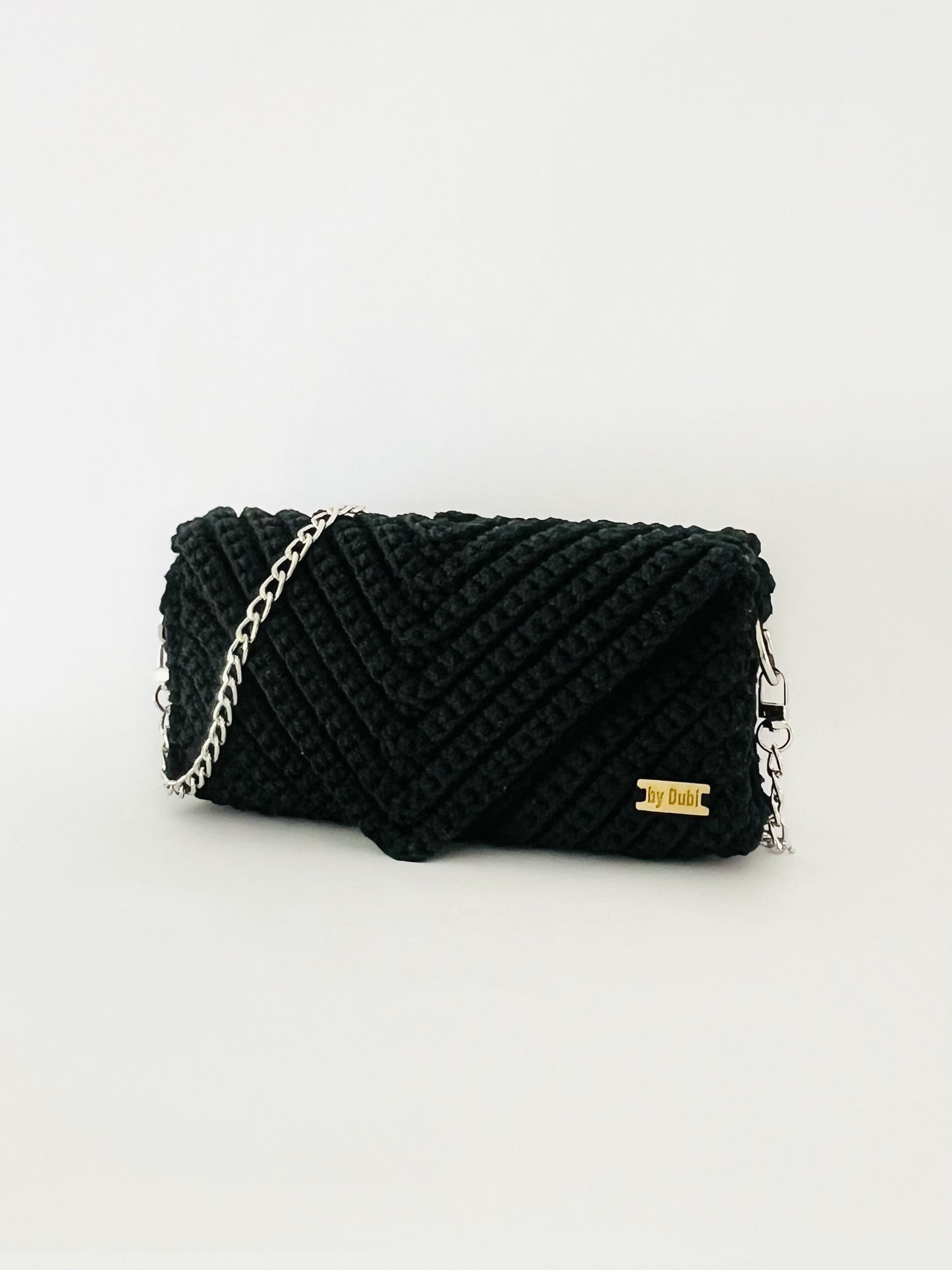 Crossbody shoulder envelope  clutch bag, black crochet cotton with silver chain