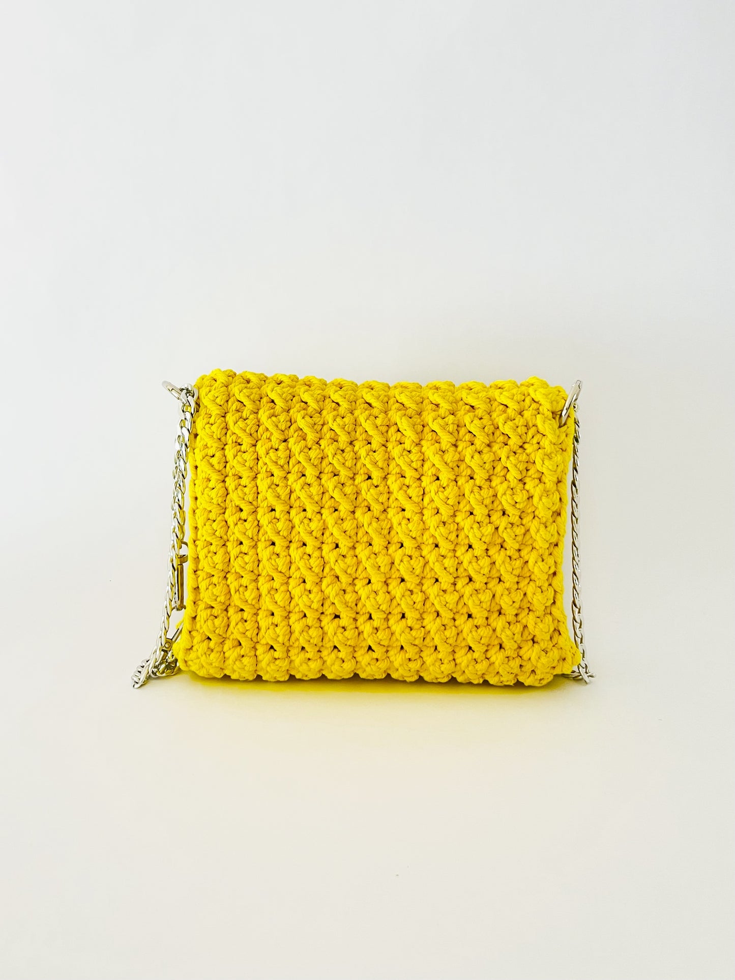 Crossbody shoulder clutch bag, yellow crochet cotton with silver chain