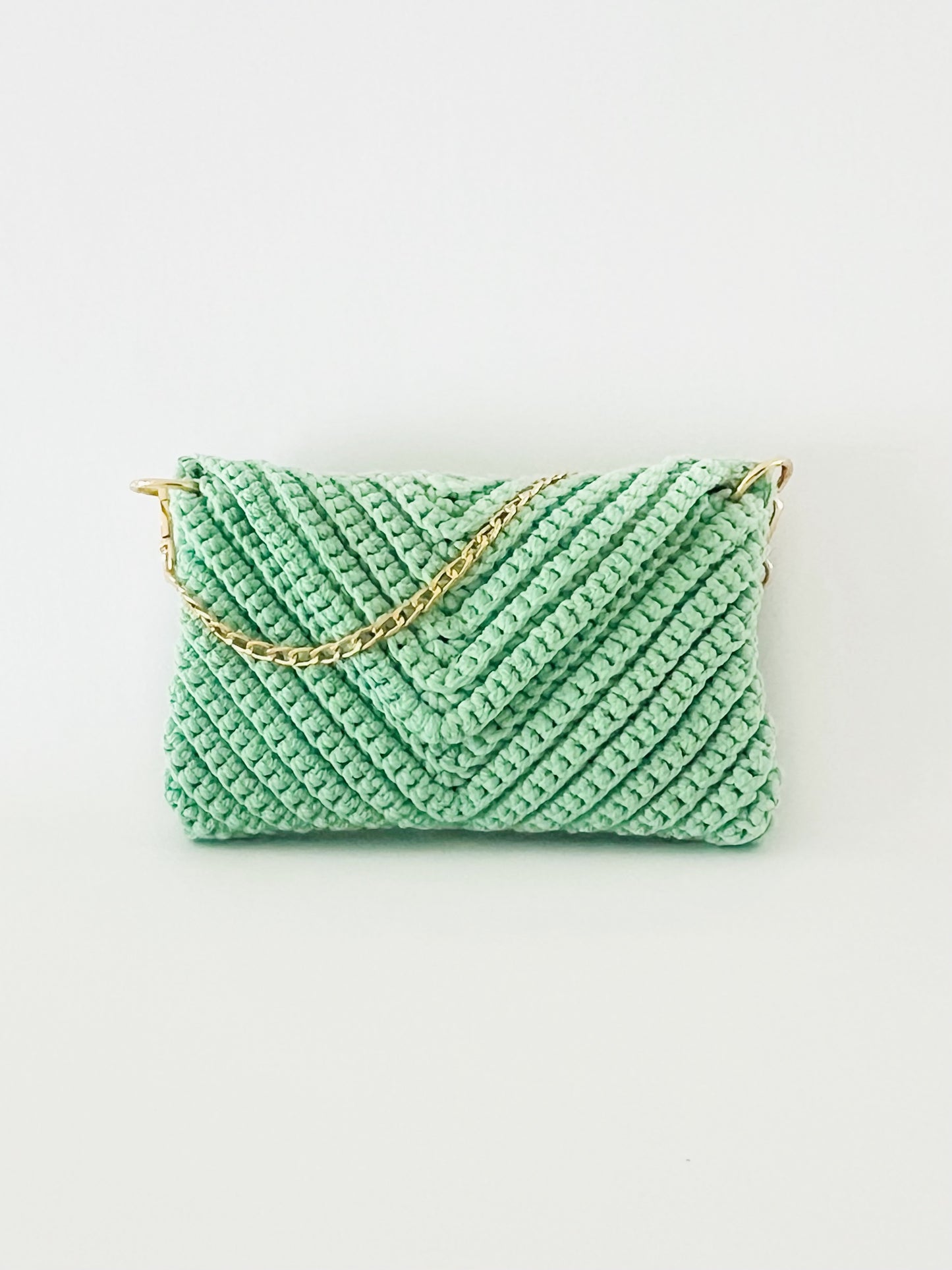 Crossbody shoulder envelope  clutch bag, green crochet cotton with gold chain