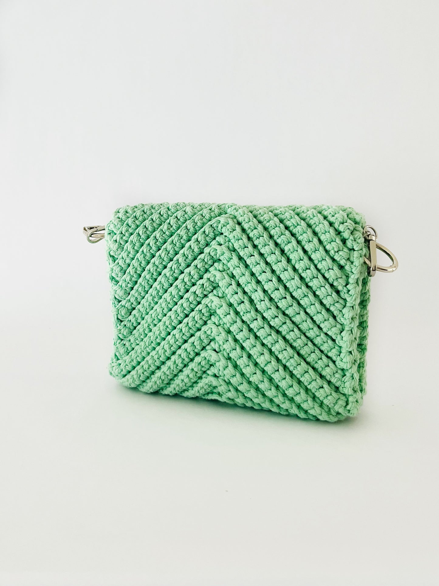 Crossbody shoulder clutch bag, green crochet cotton with silver chain