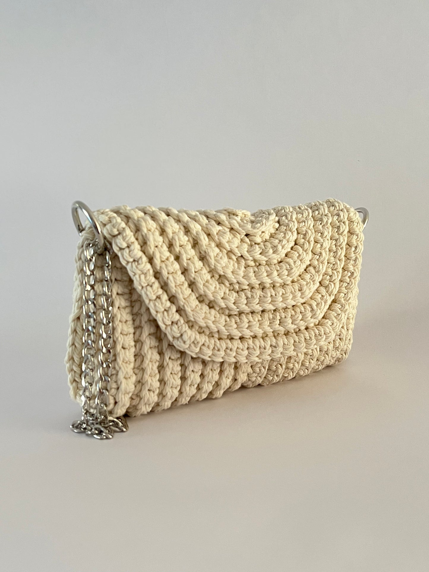 Crossbody shoulder clutch bag, natural crochet cotton with silver chain