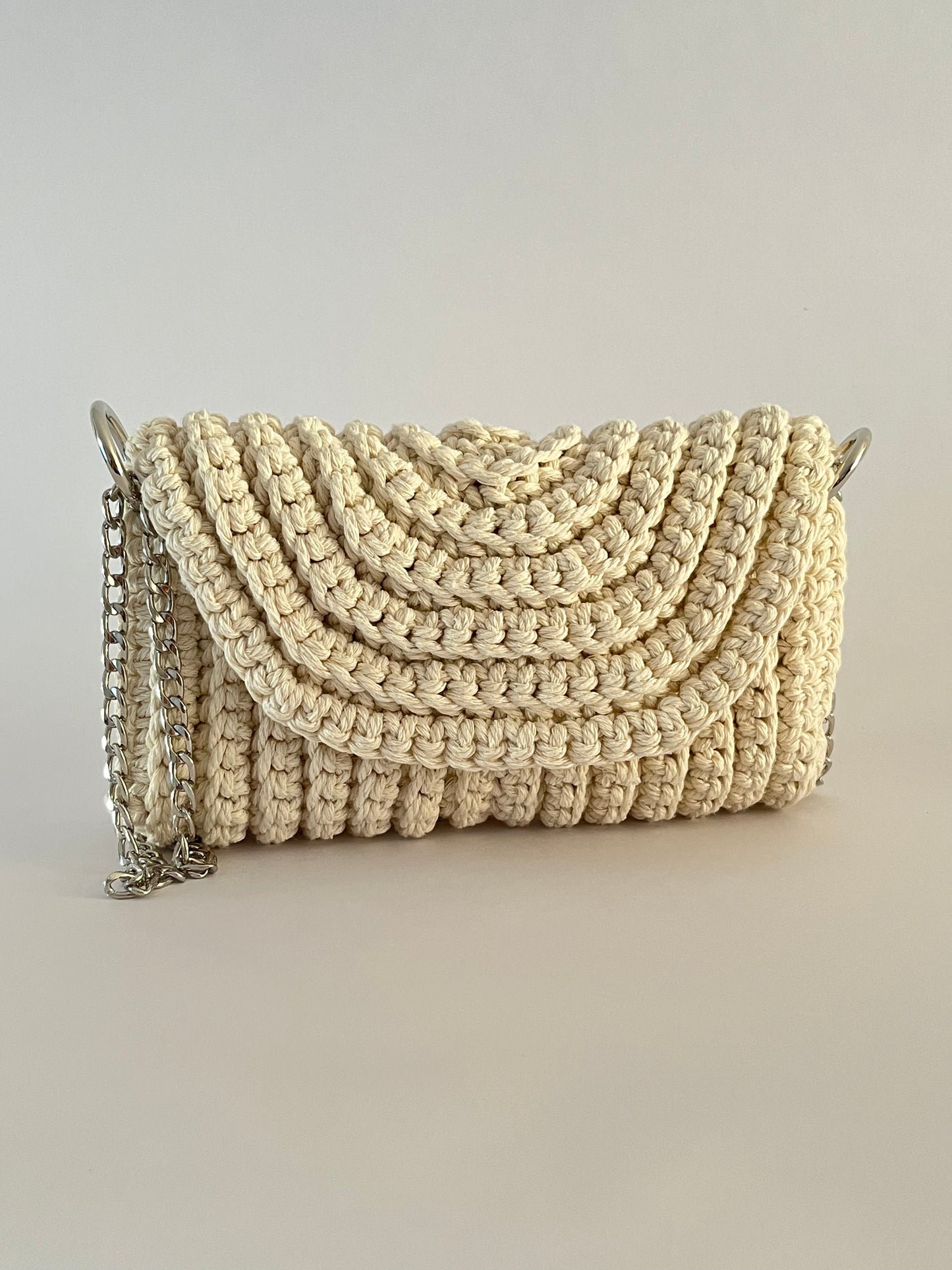 Crossbody shoulder clutch bag, natural crochet cotton with silver chain