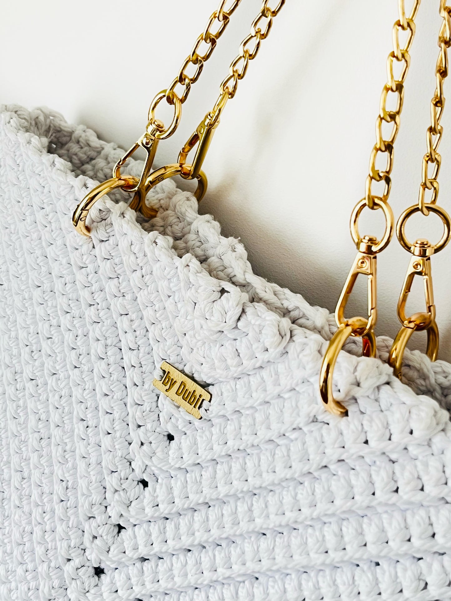 Crochet tote shoulder bag, white cotton  with gold chain