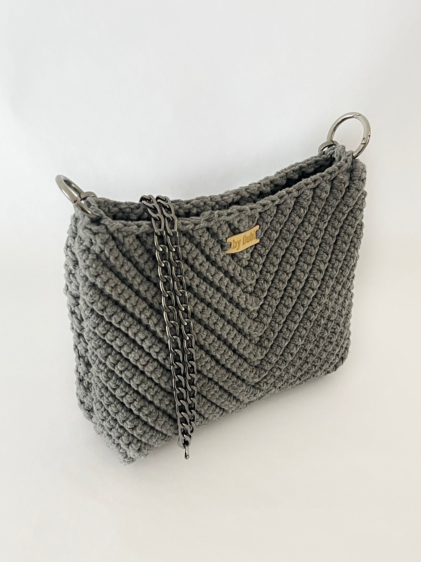 Crossbody shoulder small bag, grey crochet cotton with black chain