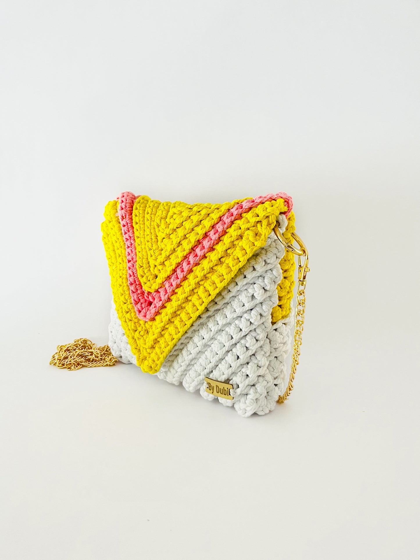 Crossbody shoulder envelope  clutch bag, white, yellow and pink crochet cotton with gold chain