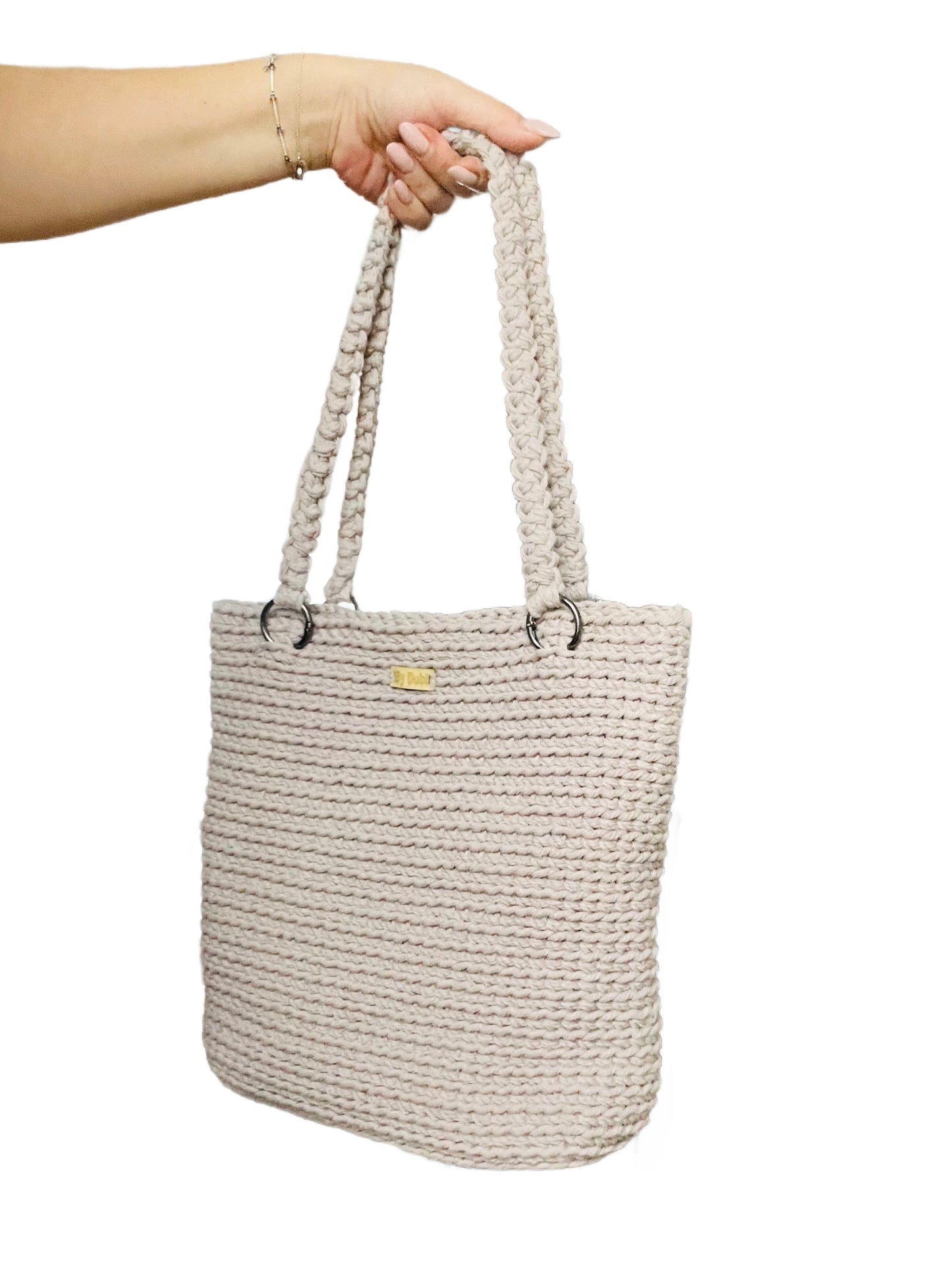 Crochet tote bag, soft beige grey cotton