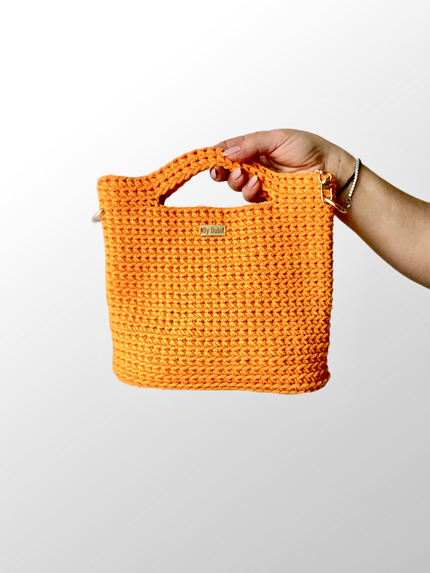 Crochet tote bag, orange cotton