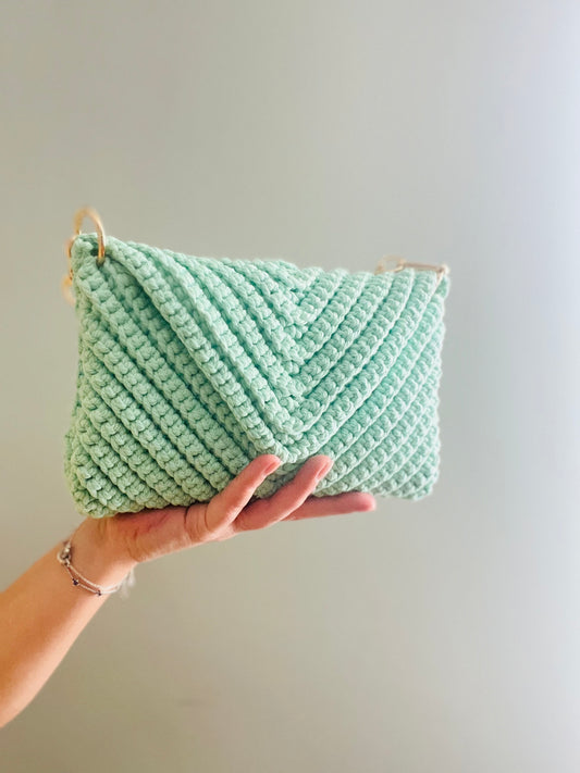 Crossbody shoulder envelope  clutch bag, green crochet cotton with gold chain