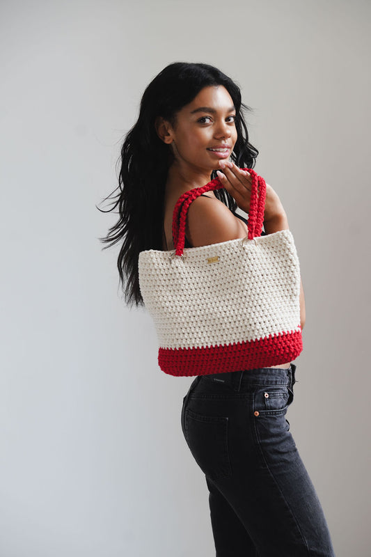 Crochet tote bag, red and white cotton