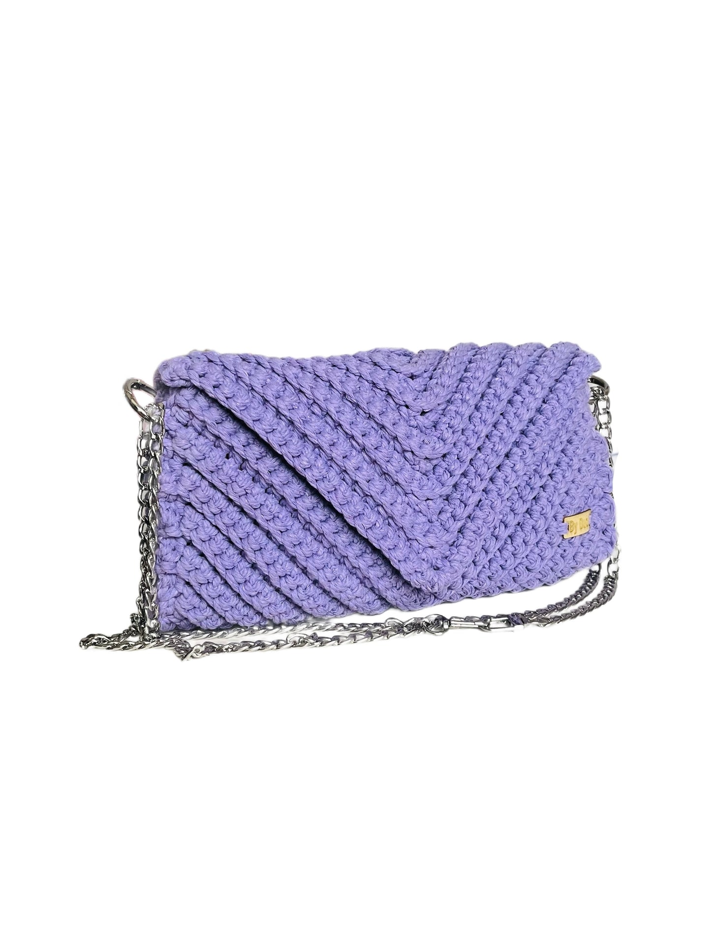 Crossbody shoulder envelope  clutch bag, light purple lilac crochet cotton with silver chain